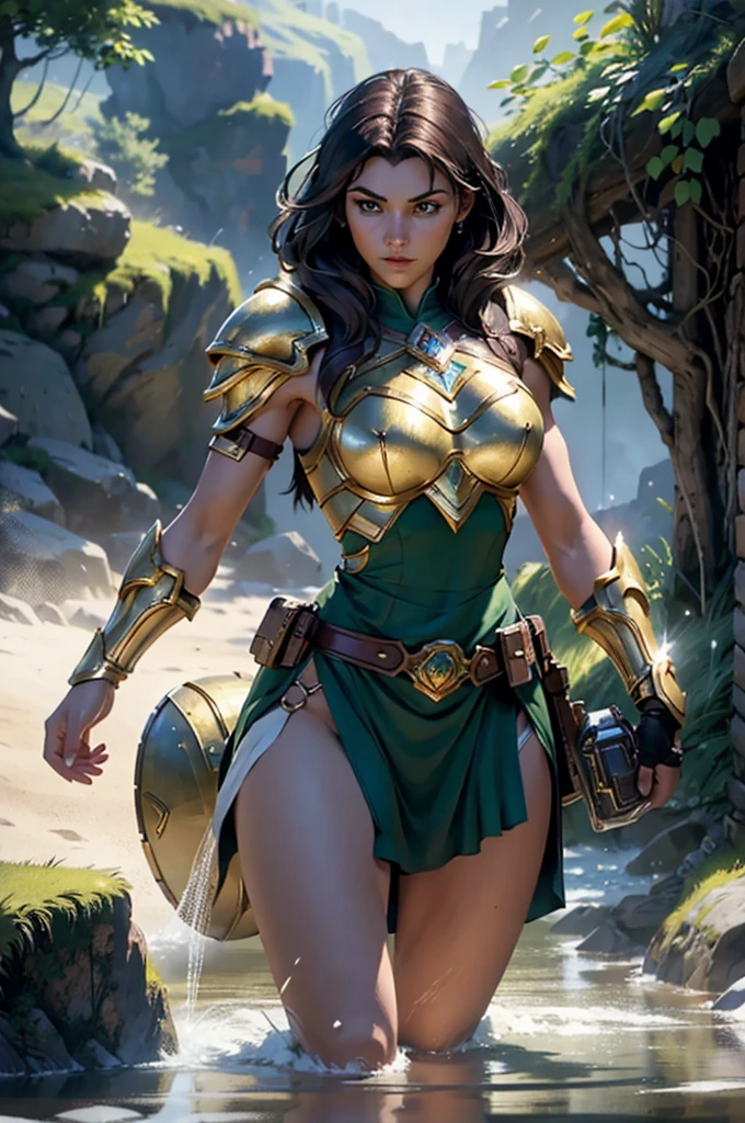 a HYPER Detailed full body illustration o a Stunningly gorgeous muscular female paladin warrior character with a perfect body, 30 years old, she is wering a bikini armor leaving a exposed bely button, determined look on her face, cinematic light, The girl is wearing a fantasy styled, feminine version of a shining golden armor, reflecting the fantasy setting. light golden hair, light green eyes, The image should be a blend of digital illustration and anime, featuring a level of detail that brings the character and scene to life, realistic wide angle, mystical environment, realistic textures, realistic shading, centered, inked lines and watercolour, UHD, photo, 8k resolution, dark, dynamic action, camera Holga, dreamy nostalgic, soft focus, vignetting, light leaks, medium photography, gloomy artistic painterly ethereal, whimsical, dreamy, highly detailed, 8k, unreal engine, hyperrealistic