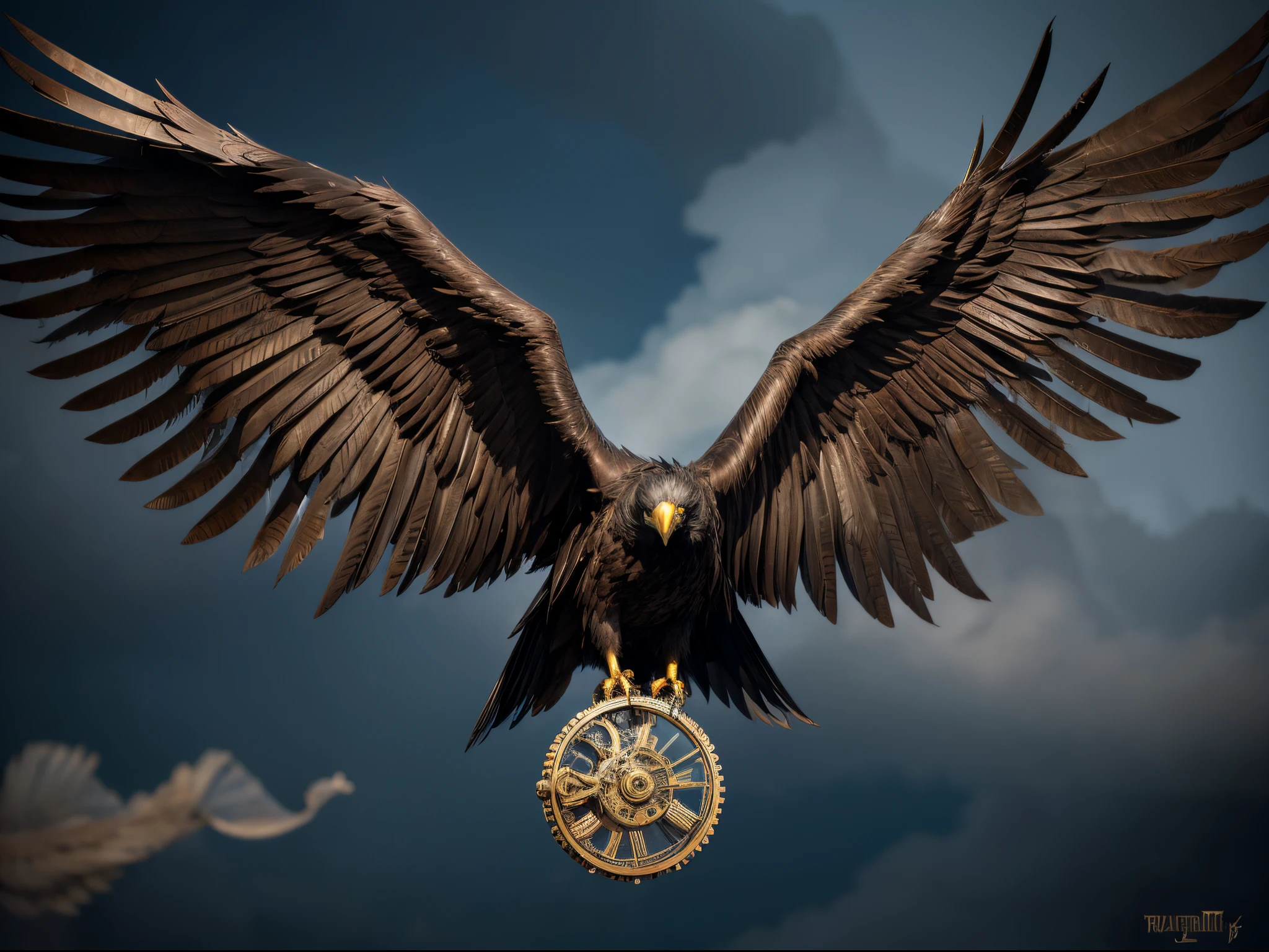 Within a clockwork city suspended in the sky, a steampunk-inspired mechanical eagle, adorned with gears and brass, patrols the air. Its wings flap rhythmically as steam billows from its tail feathers.