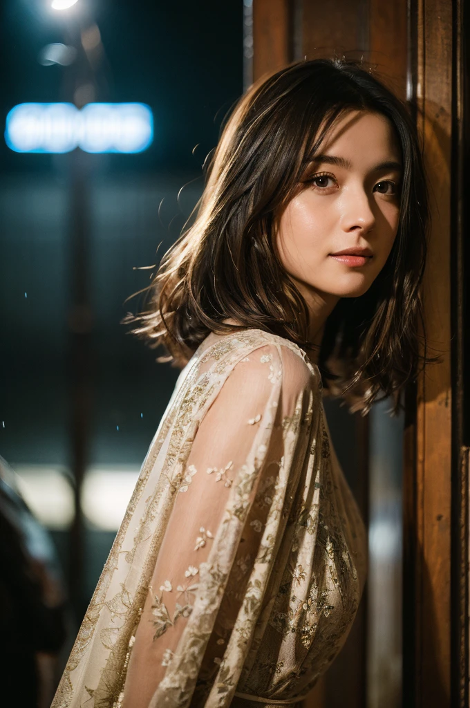 Stunning close-up portrait of a young and beautiful woman with RAW, analog style and impressive features. She should have long, flowing hair, a seductive gaze, and an attractive look. The background is neutral and simple, allowing the woman to be the focal point of the image. Pay attention to details, such as highlights and shadows on her face and hair, to create realistic and realistic images. Experiment with different lighting techniques to enhance the mood and atmosphere of your portrait. The final product should be a masterpiece that captures the essence and beauty of women ((Highly detailed skin, skin details)), Sharp Focus, Volumetric Fog, 8K, UHD, DSLR, High Quality, Film Grain, Fujifilm XT3, Camisole Dress, Hemp Dress, Floral Dress, Short-Term Hair, Disheveled Hair, Antique Cafe Chair, Little smile, rain outside the window, crowd, night, evening, warm light, dark light, blurred light, heavy rain IN