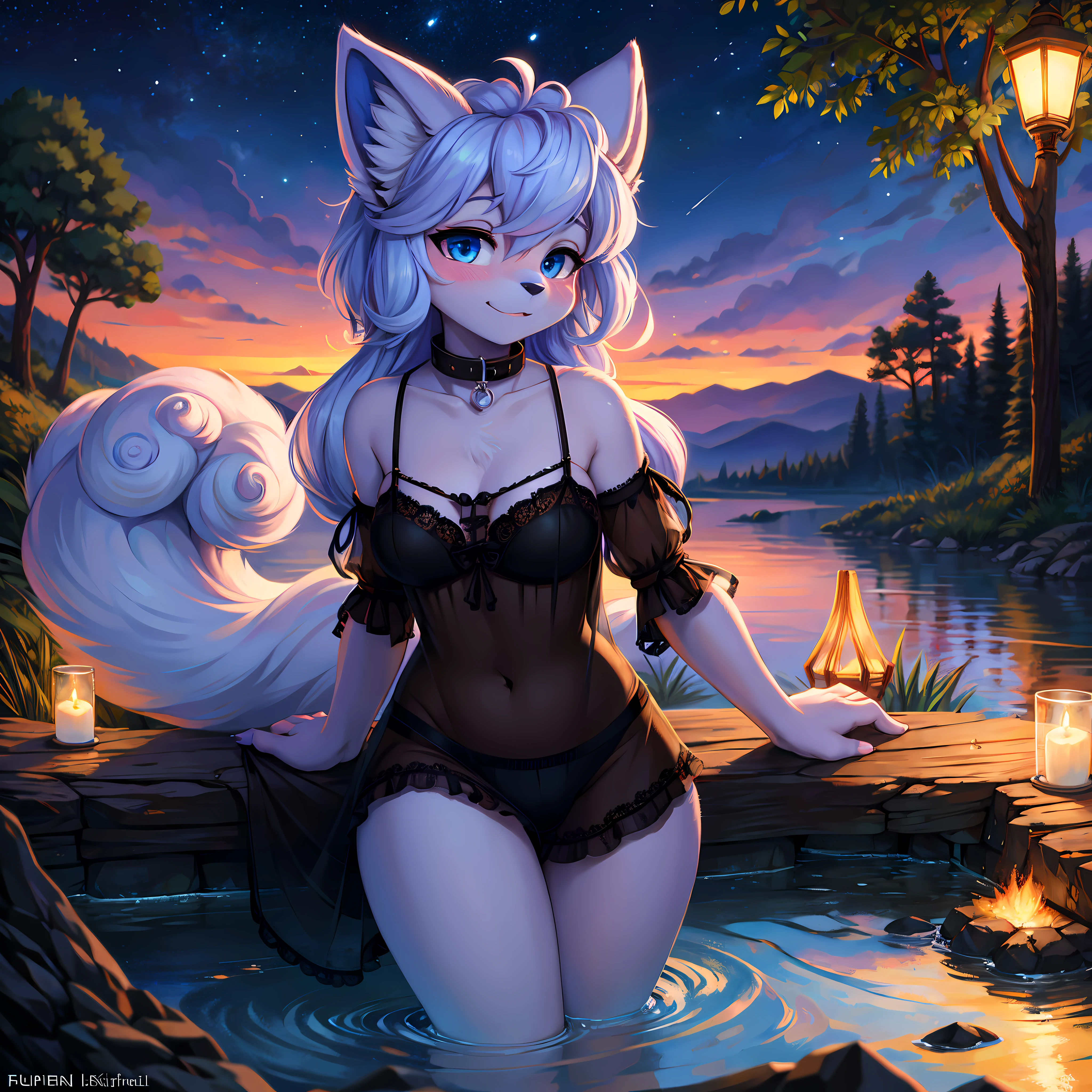 by fluff-kevlar, by Zackary911, by Kenket, by Kilinah, by fluff-kevlar, , small breasts, blushing, aroused, curvy hips, ((alolan Vulpix), anthropomorphic)), ((wear see through black nightgown with white panties with dog collar)), BREAK ((outdoors river nighttime)), (sexy pose), (detailed background, depth of field), (intricate:0.7), (high detail:1.3), (unreal engine:1.3), (sharp focus:1.15), [questionable content], (masterpiece, best quality, 4k, 2k, shaded, absurd res)