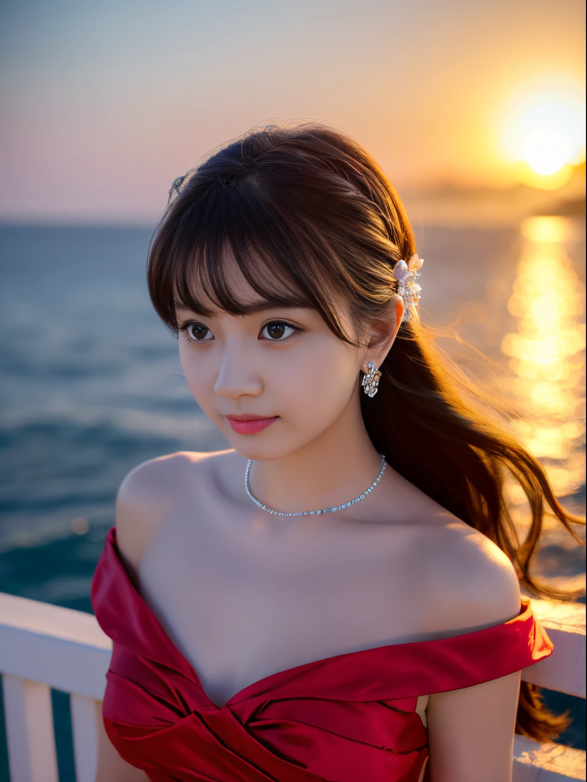 Best Quality, masutepiece, High resolution, 1girl in, White lace dress,fullbody image,Satin Dresses, Hair Accessories, Jewelry, Pretty Face, On Body, Tindall Effect, Realistic, A flower garden on a hill overlooking the sea,dual-tone lighting, (High Detail Skins: 1.2), 8K UHD, Digital SLR, Gentle light in the blue sky, High quality, Volume Light, Sneak Shots, Photo, High resolution, 4K, 8K, the sea looks beautiful、