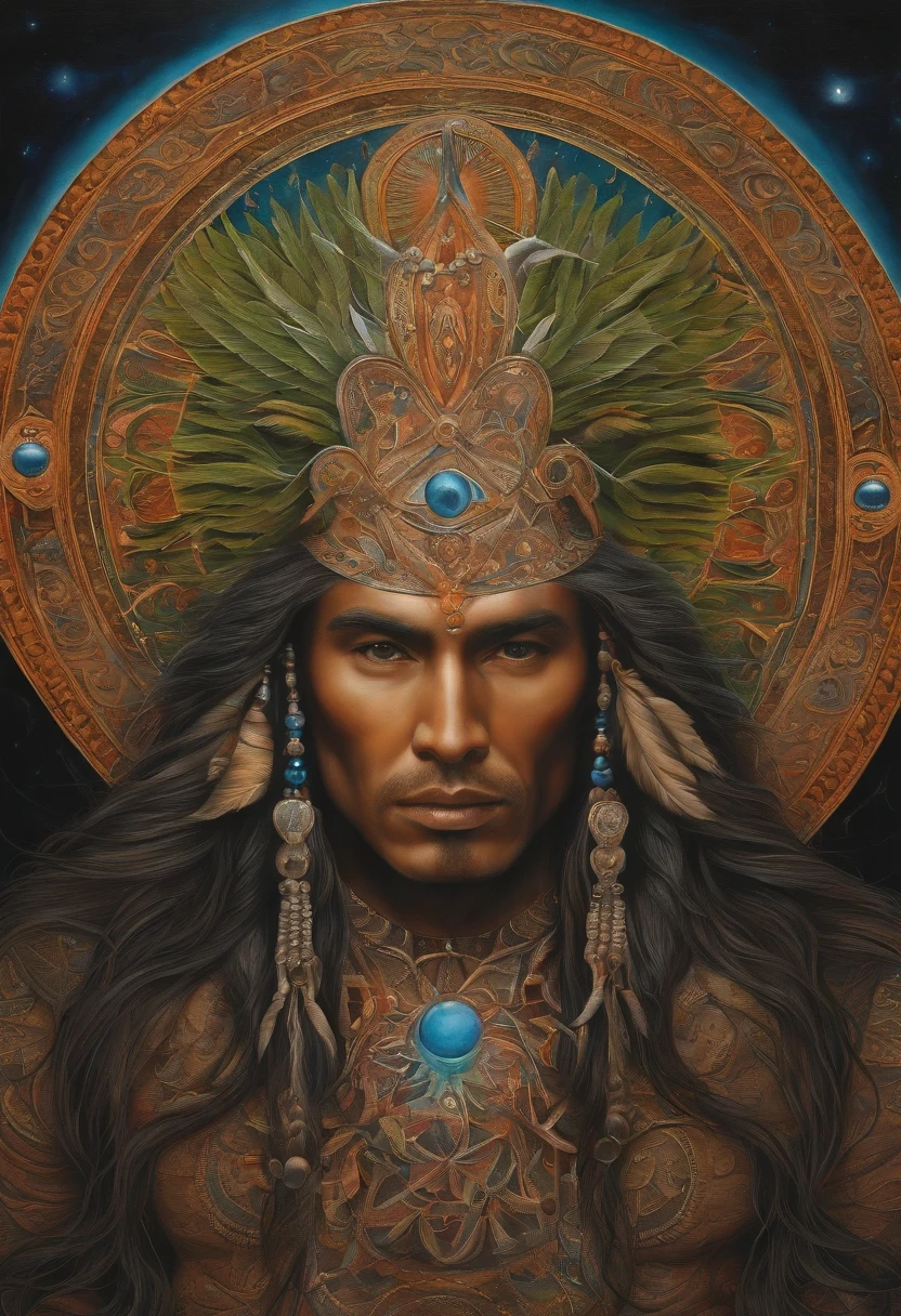 A mesmerizing display of psychedelic artwork depicting ancient shamanic visions and spiritual insights.,original,piercing, insightful eyes that reflect a lifetime of understanding the mind’s mysteries, and lengthy, silver hair that flows like a river down his back, complementing his earth-toned robes adorned with symbols of the natural world. His skin bears intricate tattoos, each a testament to a particular plant or psychedelic compound he has mastered.