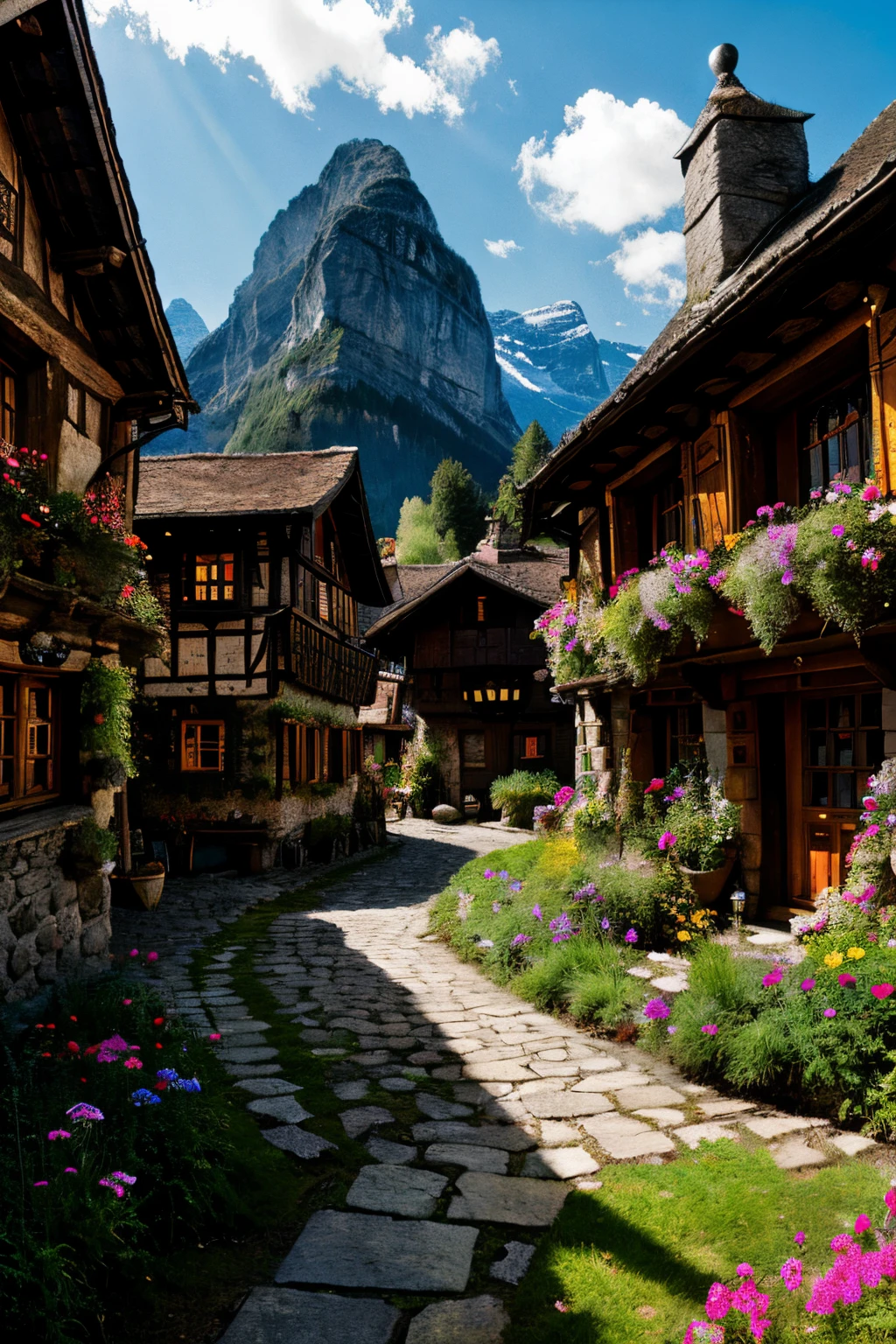 the hobbit, tolkien, a medieval village in switzerland, ornate, beautiful, atmosphere, vibe, flowers, concept art illustration, greg rutowski, volumetric lighting, sunbeams, particles