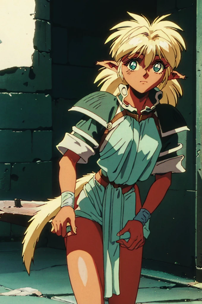 refam, fam, blonde hair, (green eyes:1.5), pointy ears, dark skin, dark-skinned female, elf, long pointy ears, (retro artstyle:1.5), (1990s \(style\):1.5), BREAK tail, short sleeves, wristband, pelvic curtain, BREAK looking at viewer, BREAK outdoors, BREAK (masterpiece:1.2), best quality, high resolution, unity 8k wallpaper, (illustration:0.8), (beautiful detailed eyes:1.6), extremely detailed face, perfect lighting, extremely detailed CG, (perfect hands, perfect anatomy),