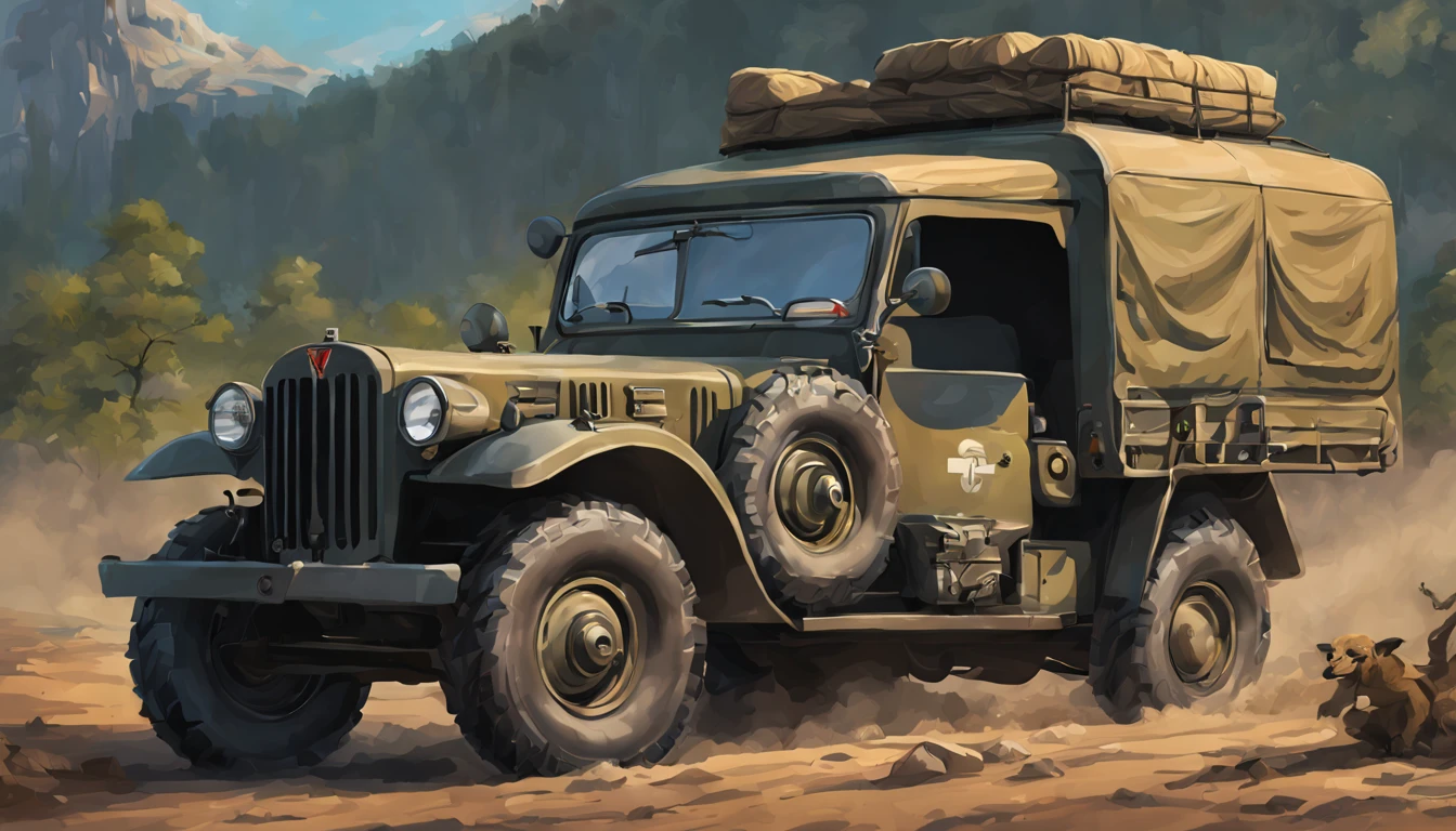 logo t-shirt design, fantasy art,1940 GAZ-69 Russian army vehicle, extreme off-road expedition, perspective view,  Hyperrealistic, splash art, concept art, mid shot, intricately detailed, color depth, dramatic, 2/3 face angle, side light, colorful background