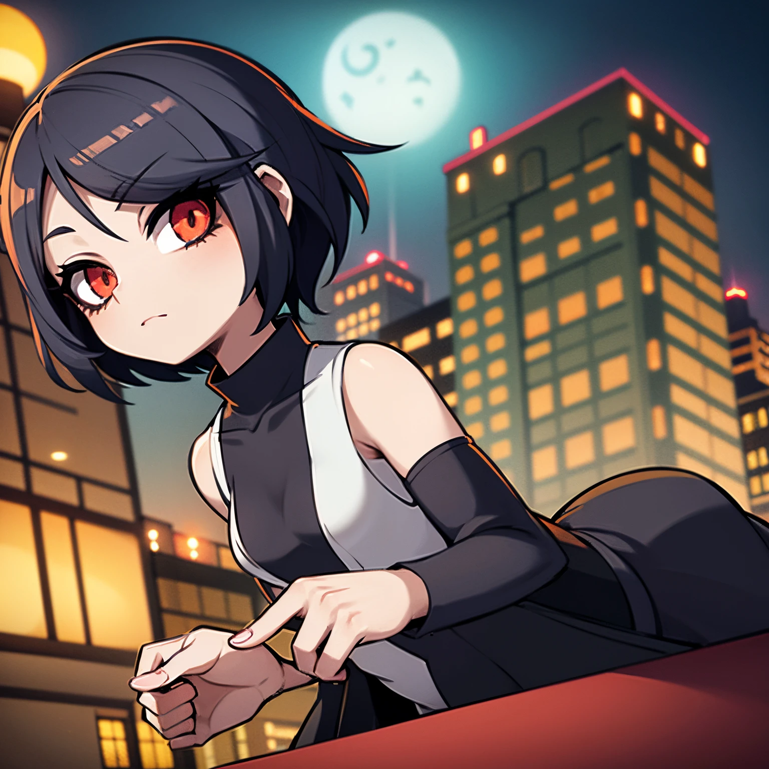 Anime vampire girl, petite, short hair, night time, city, lollipop, contrasting colors