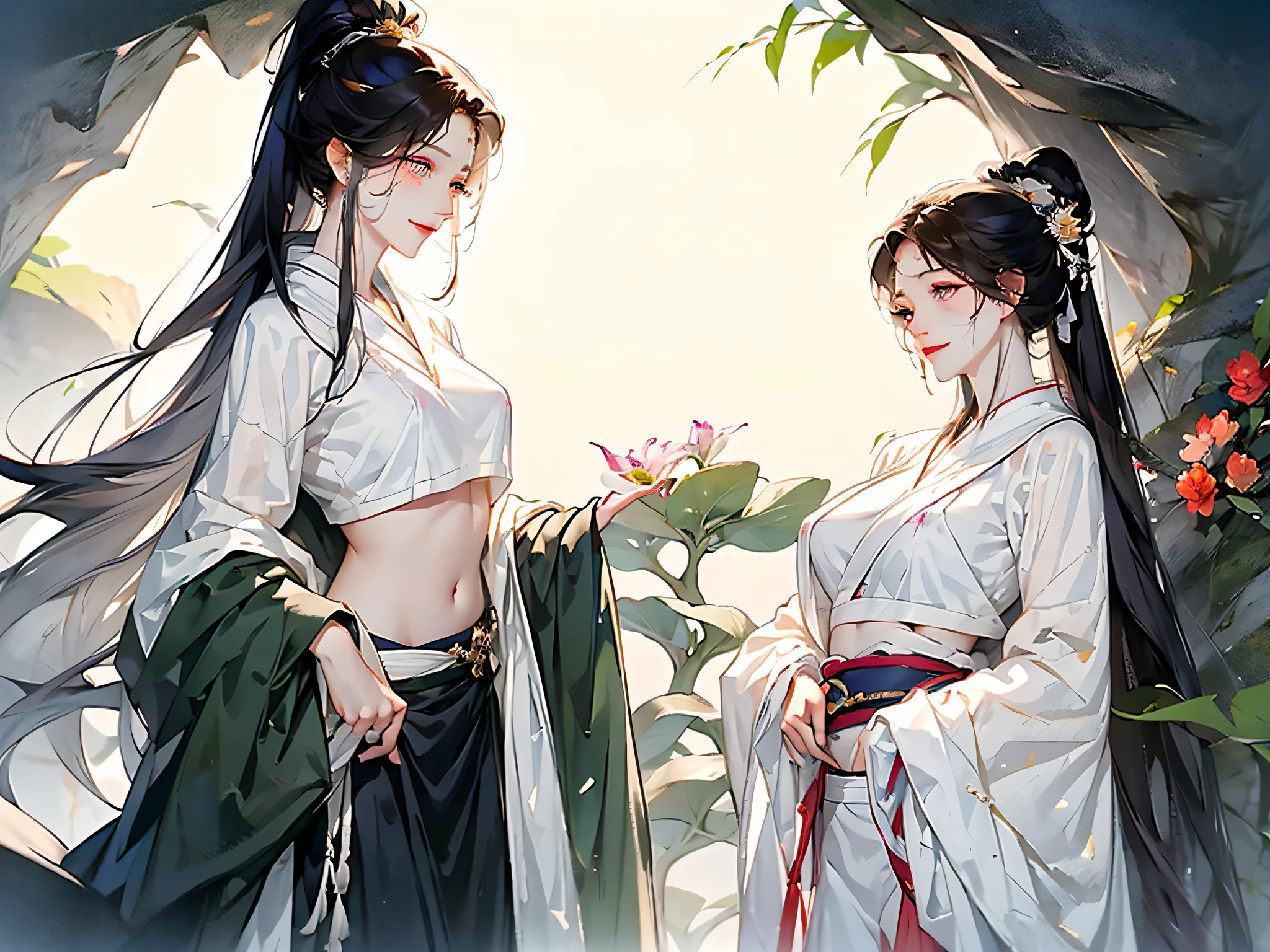tmasterpiece, Best quality at best, 8K, 电影灯光, 超高分辨率, chinese paintings，Dark Cave Adventure，2 girls，florals, hair adornments, white backgrounid, Long ponytail hairstyle， hairflower, Chinese art, Hanfu, Branch, long whitr hair, Sash, The upper part of the body, See-through navel-baring sailor suit，exposing your navel， see through sailor skirt，does not wear panties，jewely, longer sleeves, 耳Nipple Ring, The high slit on one side of Huazhi&#39;s skirt exposes her groin，A woman was attacked in the navel，weeping，dreads，Female smiling evilly