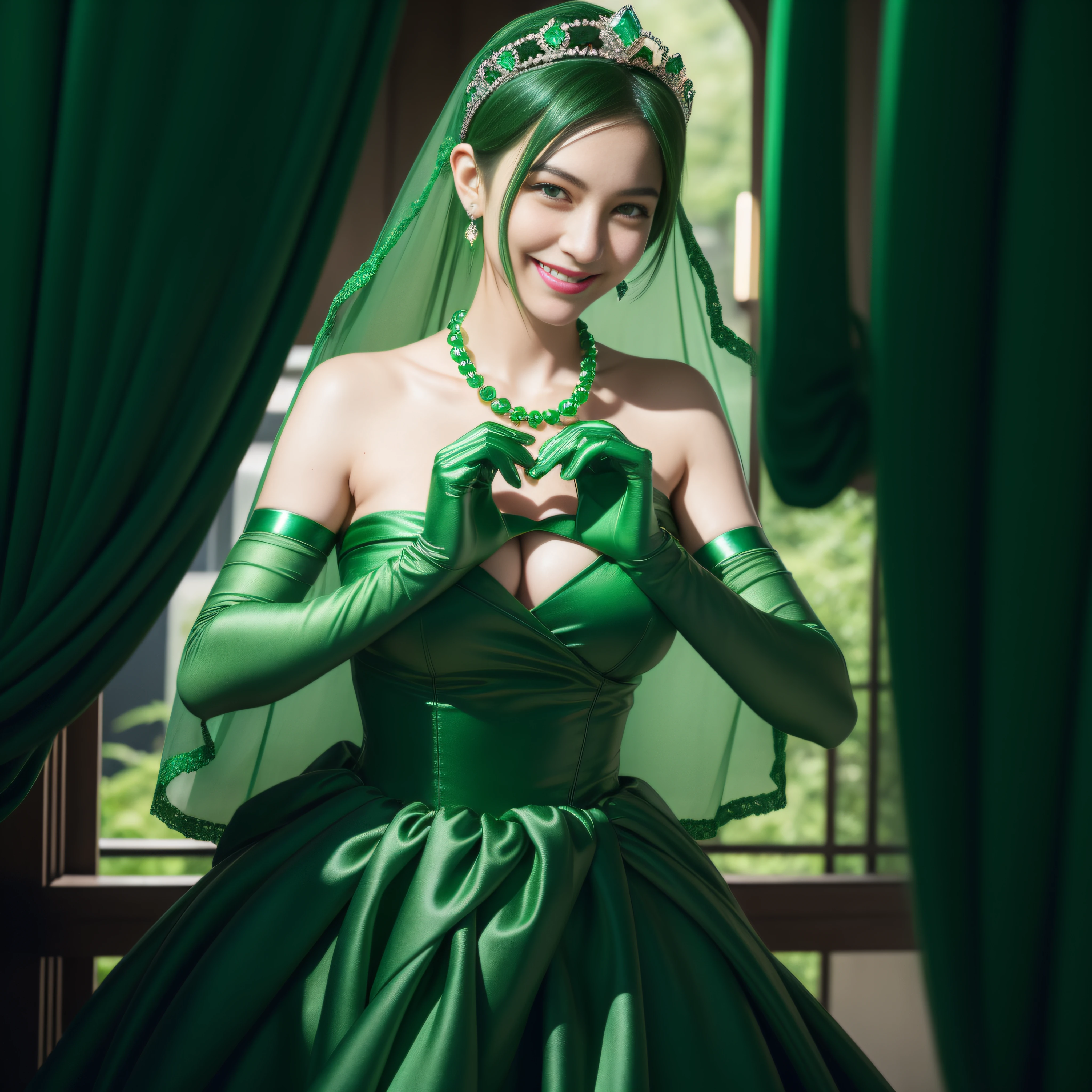 emerald tiara, Green Pearl Necklace, Boyish very short green hair, lipsticks, Japan woman smiling, very short short hair,  big breasts beautiful, Green eyes, Long green gloves made of satin material, Green eyes, Emerald Earrings, green vale, Heart with both hands