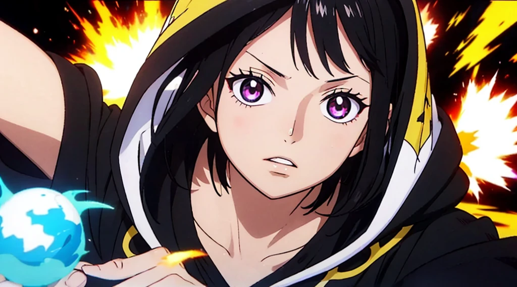 Vtuber sorprendido, hoodie negro, cabello negro con brillo morado, ojos con brillo de estrella, manos abiertas, fondo verde, efectos de manga, onomatopellas manga de explosion,
