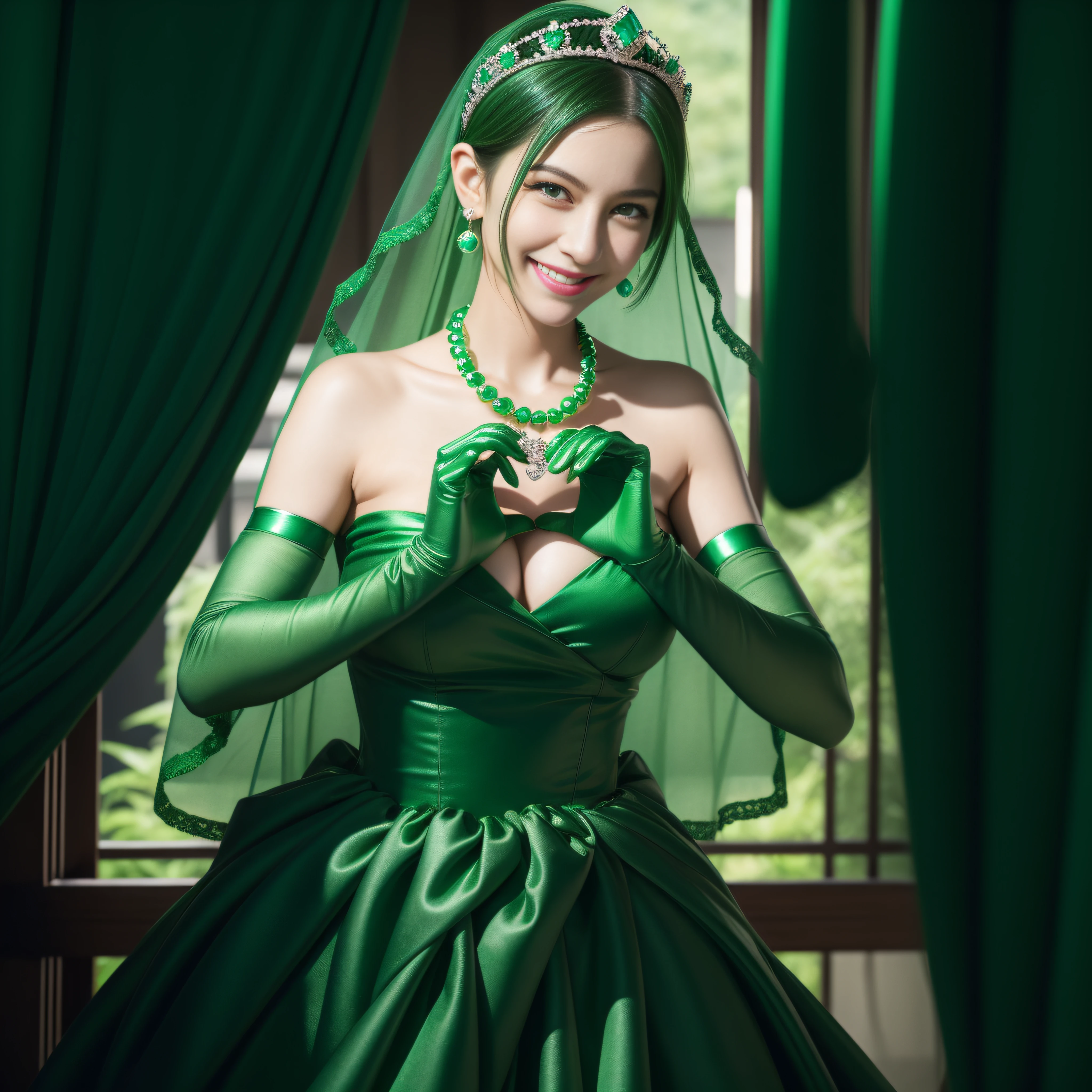 emerald tiara, Green Pearl Necklace, Boyish very short green hair, lipsticks, Japan woman smiling, very short short hair,  big breasts beautiful, Green eyes, Long green gloves made of satin material, Green eyes, Emerald Earrings, green vale, Heart with both hands