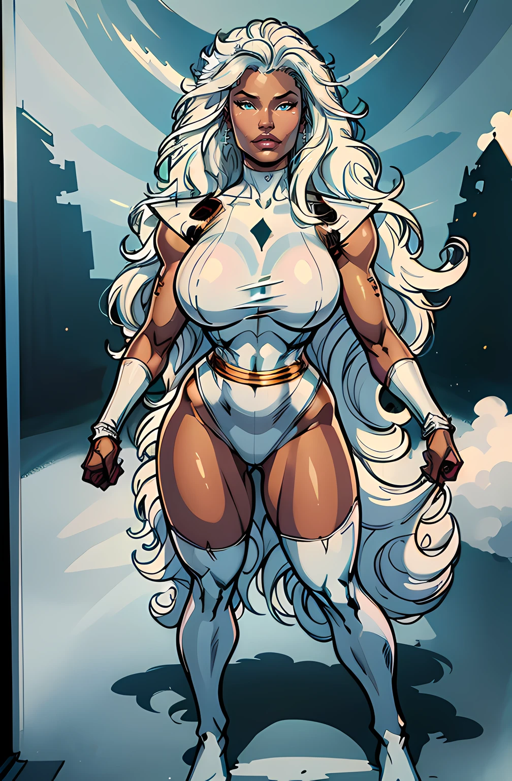 masterpiece, best quality, 1woman, dark skin, large breasts, long hair, white hair, eyelashes, full body, (nagatiti)