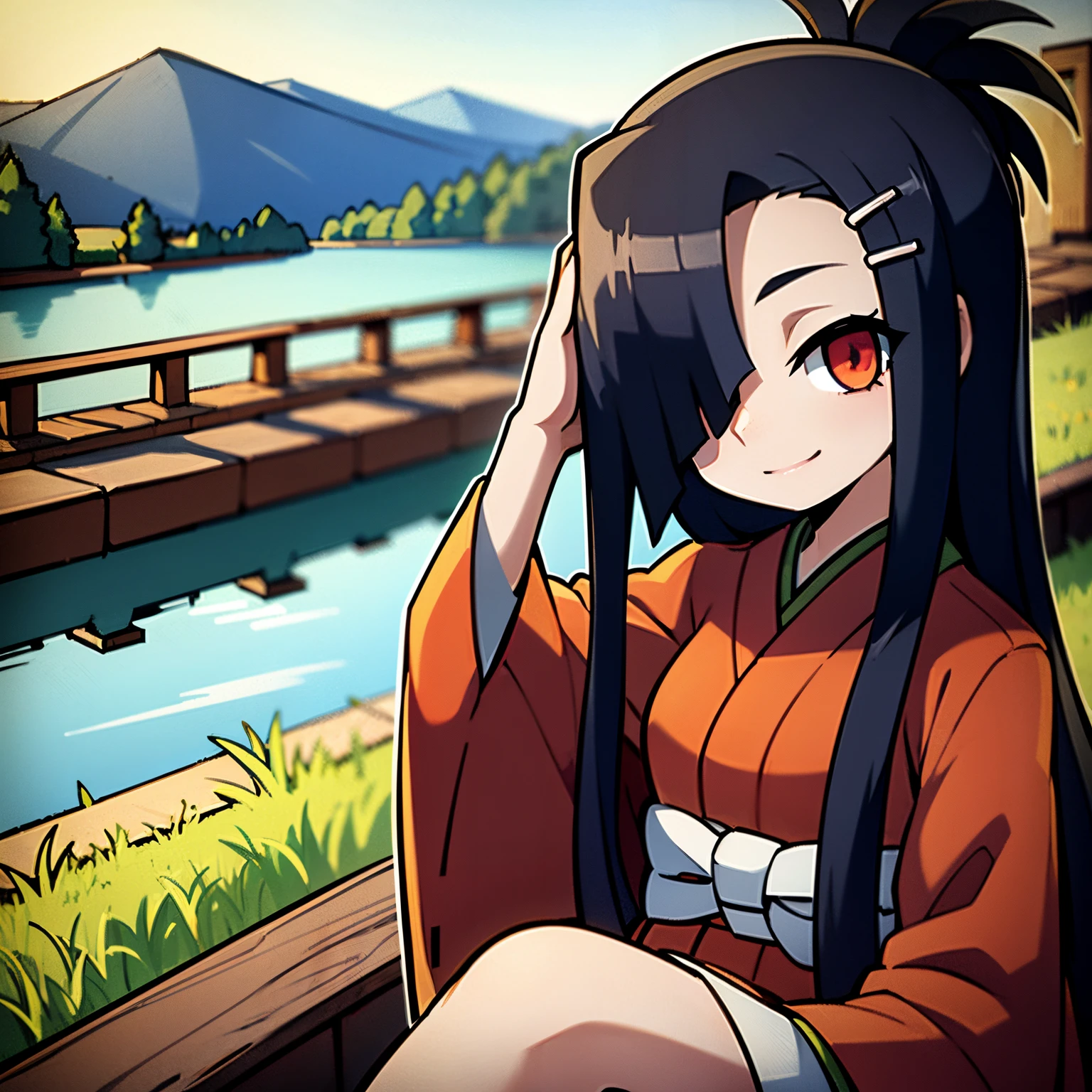 Young woman, black hair, kimono, red kimono, smiling, in a grass, looking at viewer, lake behind in the background, japan, 4k, masterpiece,