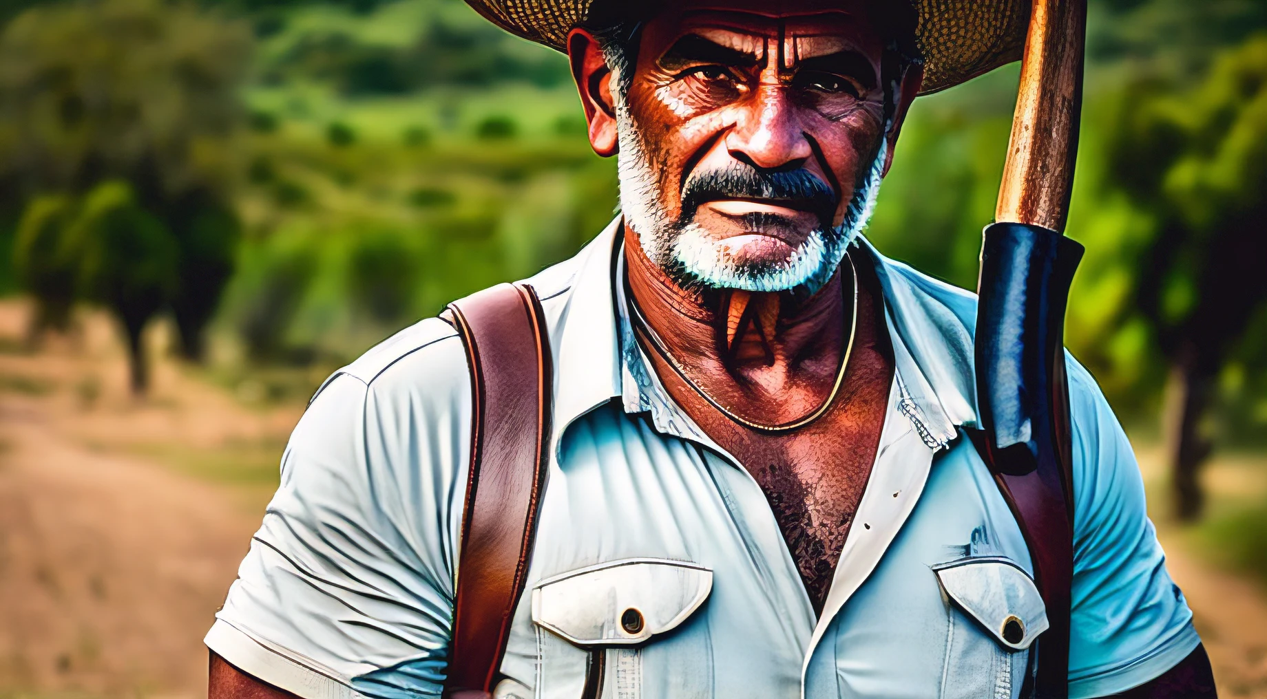 create a 3d character with the following characteristics : is a 60 year old man, known for his strength and his life in the countryside. Com um corpo musculoso e uma personalidade robusta, he is a true protector of nature and rural traditions.

physical features:

Seu Manoel tem cabelos grisalhos curtos e liso e uma barba bem cuidada, that adds a touch of wisdom to your appearance.
Ele tem olhos castanhos expressivos, that show confidence and determination.
Seu Manoel is of average height, with extravagant muscles, evidencing his physical strength.
His skin is tanned by the sun and shows wrinkles and marks from hard work..
Traje:

Ele usa uma camisa xadrez, jeans surrados e botas de couro, typical of a country man.

He also holds a punch gun in one hand., a traditional hunting weapon in the region.
and in the other hand a machete His has a white bag on his back, where you keep your belongings and tools for working on the farm, with a large gold chain around his neck Personality:


Ele valoriza a natureza e sempre busca viver em harmonia com ela.
Seu Manoel is respected in his community for his courage, strength and your skill as a hunter and farmer.