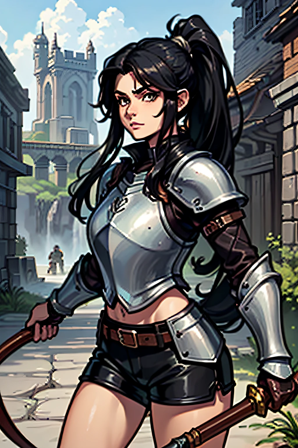 ((((D&D style)))), (((teenage male))), (((warrior))), normal skin, ((((long black hair with ponytail)))), (((brown eyes))), ((((leather armor)))), ((wielding a shortsword)), photo-realistic