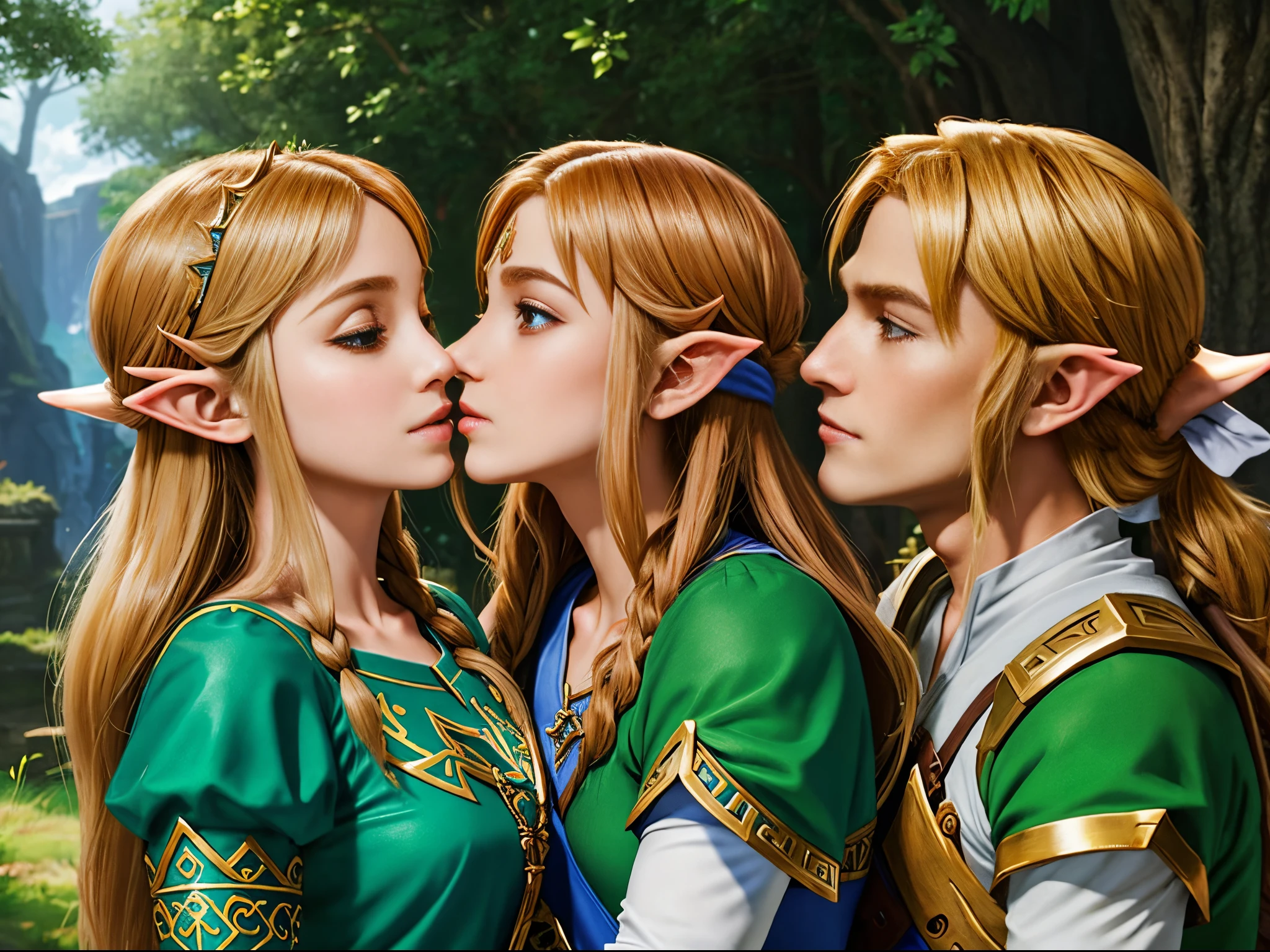 a passionate romantic kiss between link and zelda,sunset over hyrule castle,hilly landscape,detailed lighting,warm colors,vibrant colors,photorealistic,cinematic composition,ultra detailed,intricate details,masterpiece