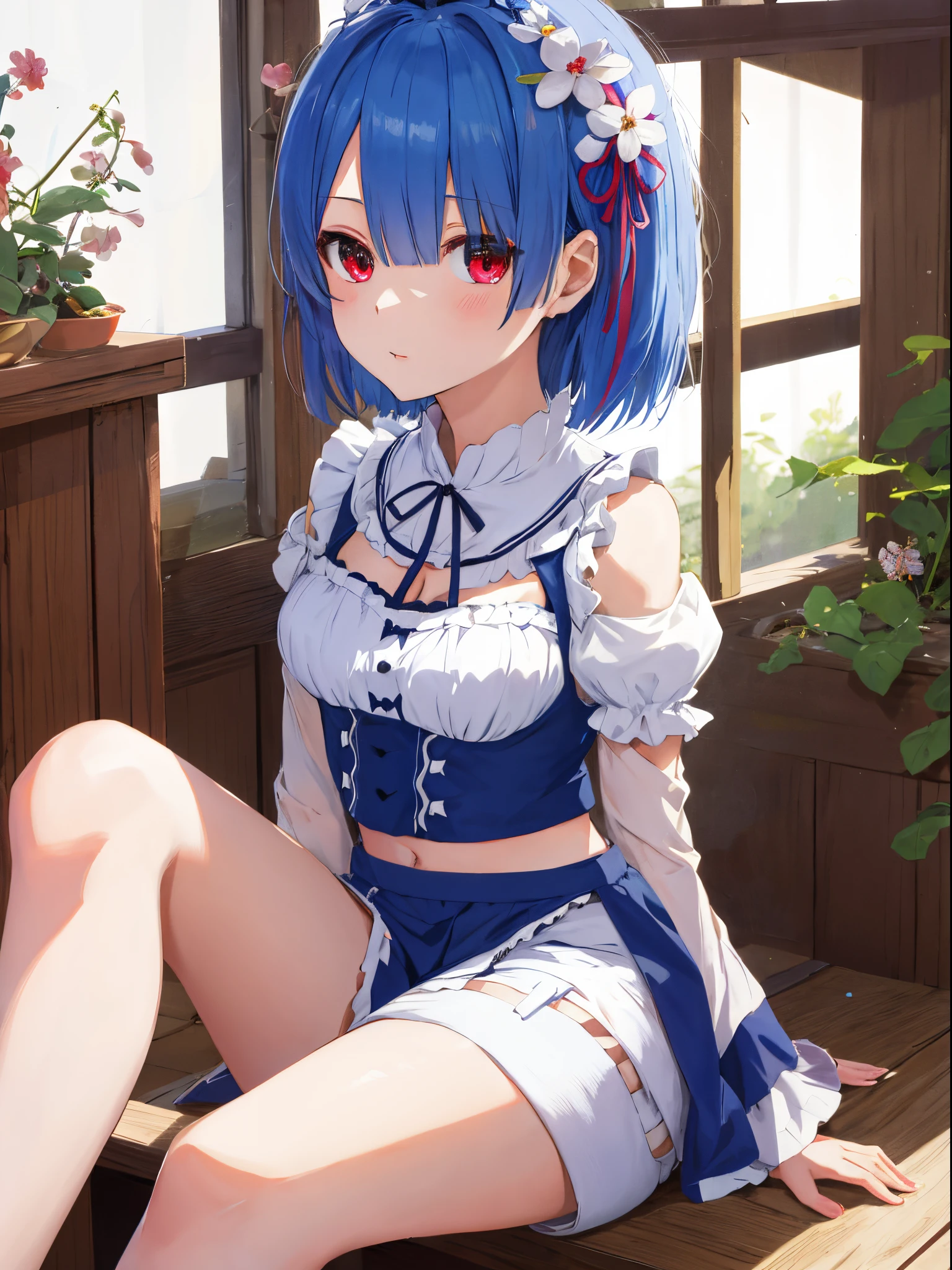 Anime girl sitting on floor in front of window, Rem Rezero, Sexy maid in the Magic Forest, seductive anime girl, Little curvy loli, anime moe art style, anime girl squatting, two hands hurray, short blue hair woman, teasing smile, squatting beautiful anime girl, 2b