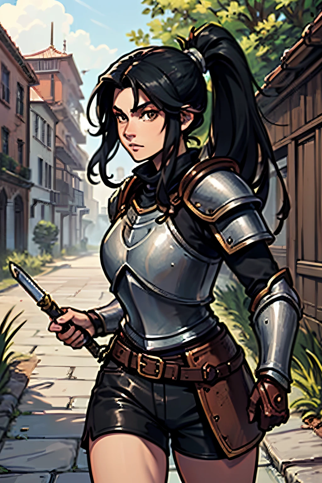 ((((D&D style)))), (((teenage male))), (((warrior))), normal skin, ((((long black hair with ponytail)))), (((brown eyes))), ((((leather armor)))), ((wielding a shortsword)), photo-realistic