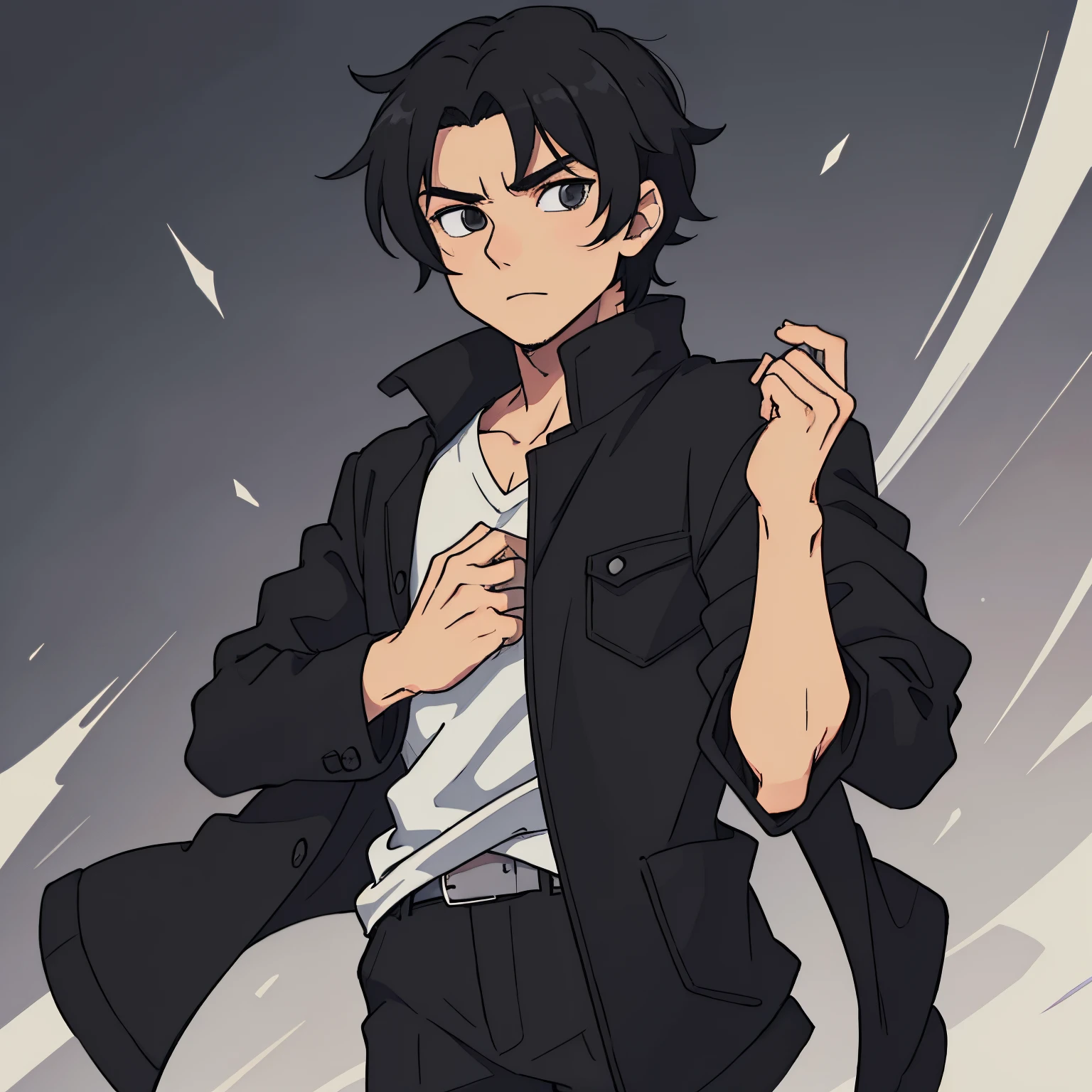better quality, high quality, man with a black jacket, black hair, hands in pocket, body in good shape, anime style