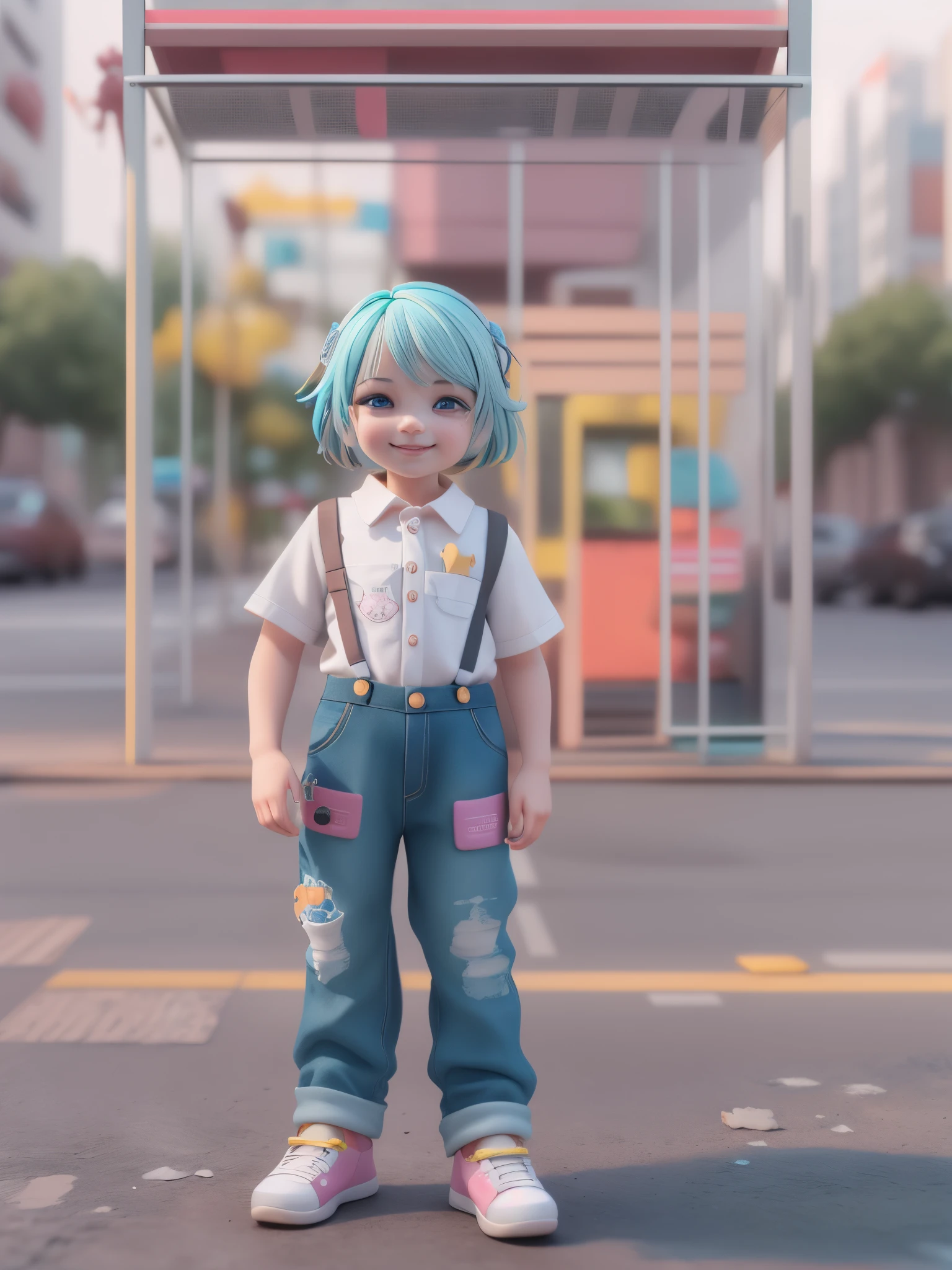 (tmasterpiece), (Better quality), (ultra - detailed), (full bodyesbian: 1.2) Lori baby ???, Suspenders，denim pant，and mini shirts, clear smile, （full bodyesbian：1.4）, multicolour hair, short, taken, funk, modern, modern accessories, Simple pastel tone background，Popmart blind box，Clay texture，Treading on the ground，Best quality at best，hyper-detailing，arte 3D，c4d, OC renderer, a 3D render, 8k，
