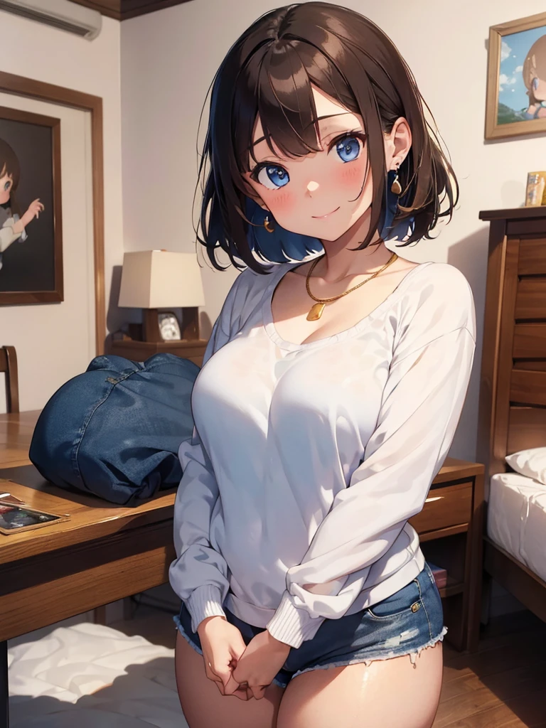 Masterpiece, 1girl, chubby mother with brown hair and deep shiny blue eyes that are attractive, wearing a sweatshirt and short shorts that show her thick thighs, medium sized boobs, 4K quality, ultra detailed, cute face, gentle smile, blush, Short Hair mixups, earrings, gold necklaces, bedroom background