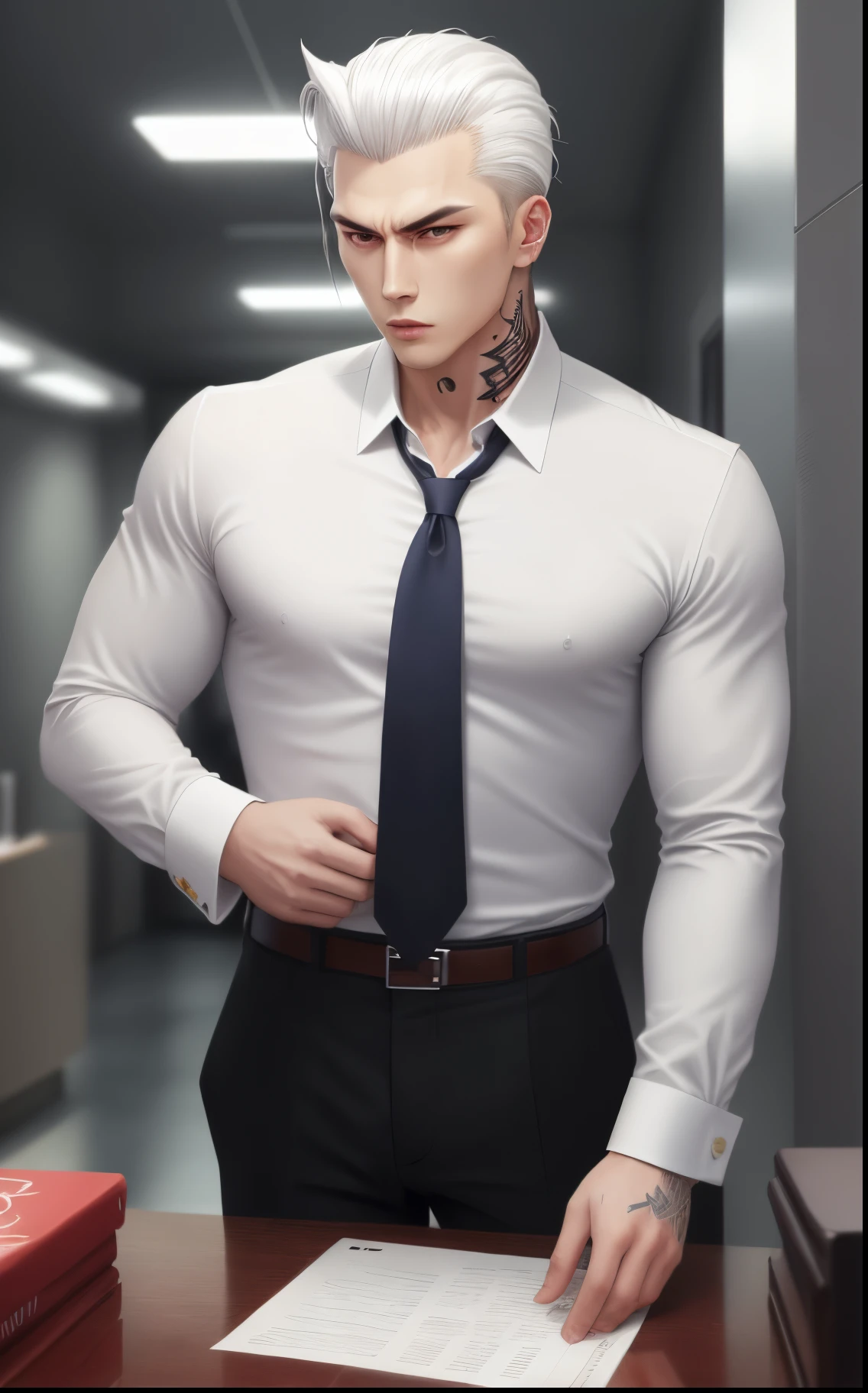 Mafia boss, slicked back short white hair, long sleeve shirt, tattoos, sharp jaw, well defined, handsome, professional, strong silent type