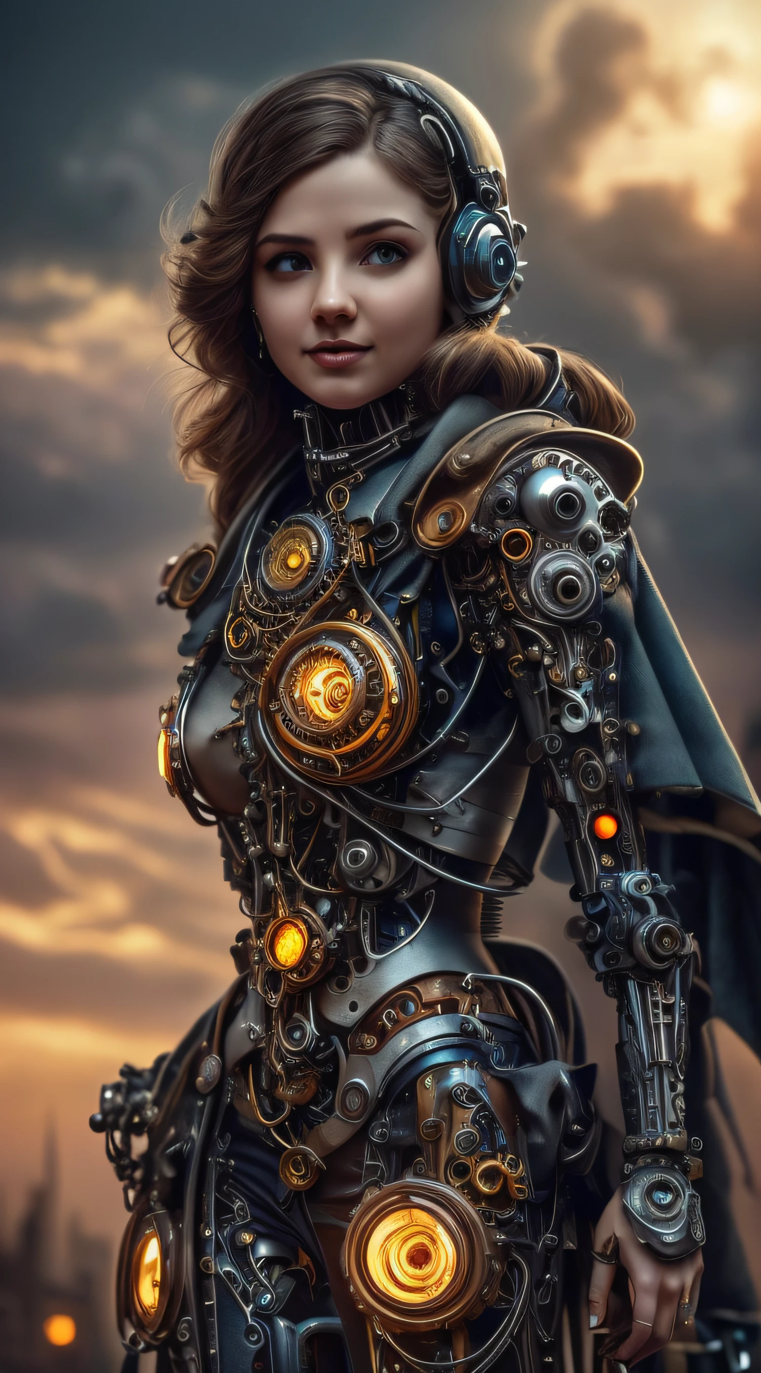 Cute Young Biomechanical Steampunk Cyborg Realistic Woman Movie Scene Shallow Focus, More about their full-body steampunk、Stays in fluid motion in a simple, arid location with stunning cloudscapes and sunsets、hydraulic cylinder、metro、Pipes、Bombillas LED、vacuum tubes、CPU、LED、Fibra、agotar、radiador、electronic circuits、 El escote es visible、 (Usar ropa futurista (mandarina:0.3) Its intricate and detailed steampunk body of anatomically sculpted biomechanical graphite, (Biomechanics Graphite Steampunk Cyborg Grady、Intricate and detailed anatomical carving with gothic loli detail).Auriculares futuristas、 (Anatomically sculpted biomechanical graphite steampunk cyborg、More about the elegant and glamorous gothic loli、Cables, Los cables y microchips son、Skillfully in her female cyborg body) Slim body in warm shape with a beautiful young round face, Expresivos grandes ojos redondos, Capturado con luz natural brillante y hermosos colores vibrantes. Stunning images with 8K resolution in steampunk style. The scene has a strong heroic mood unconquerable, A masterful full scene of the full-bodied woman standing with a happy expression.