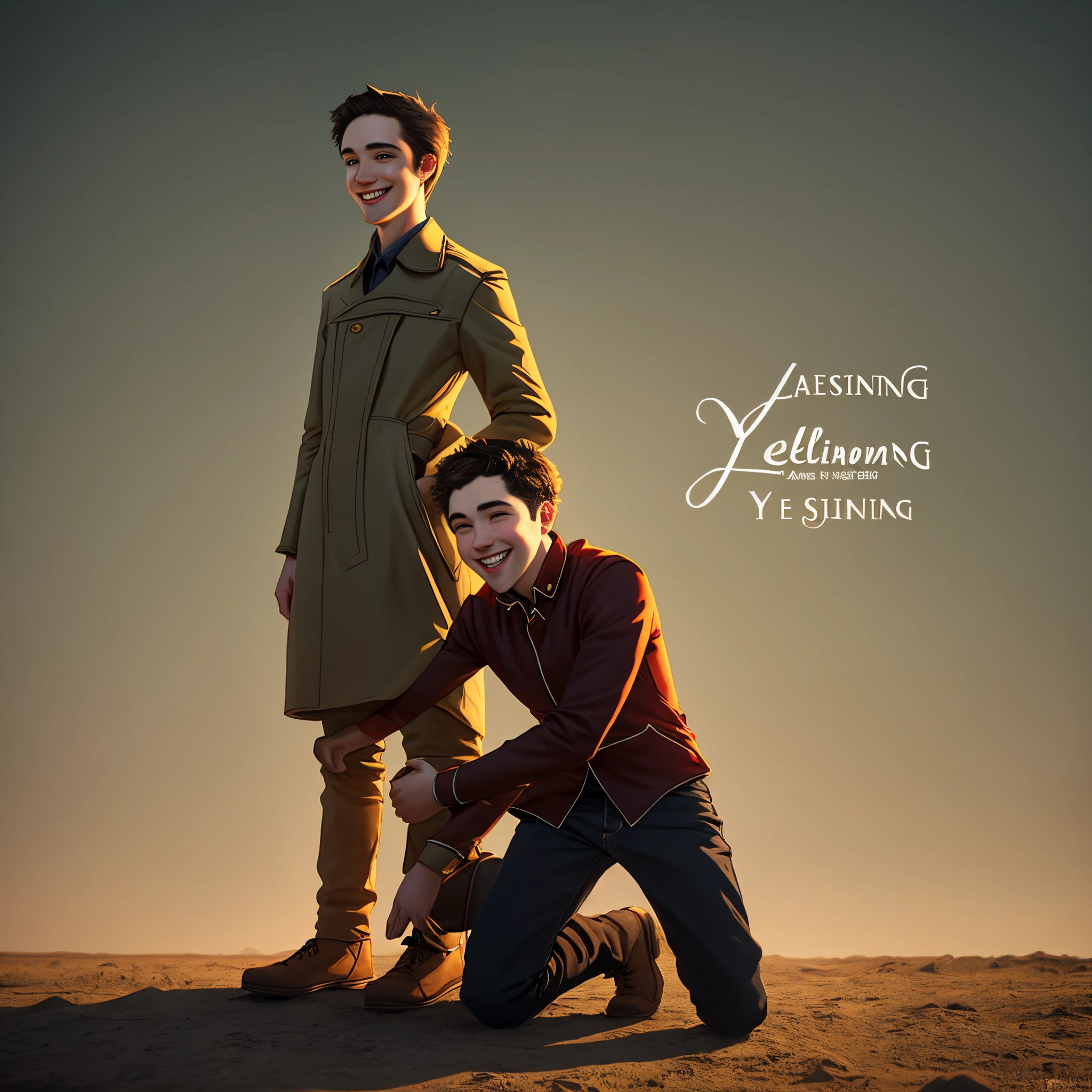 Create me an animated image for a song cover of a kneeling person named Yelington and a person standing with a smile named Justin