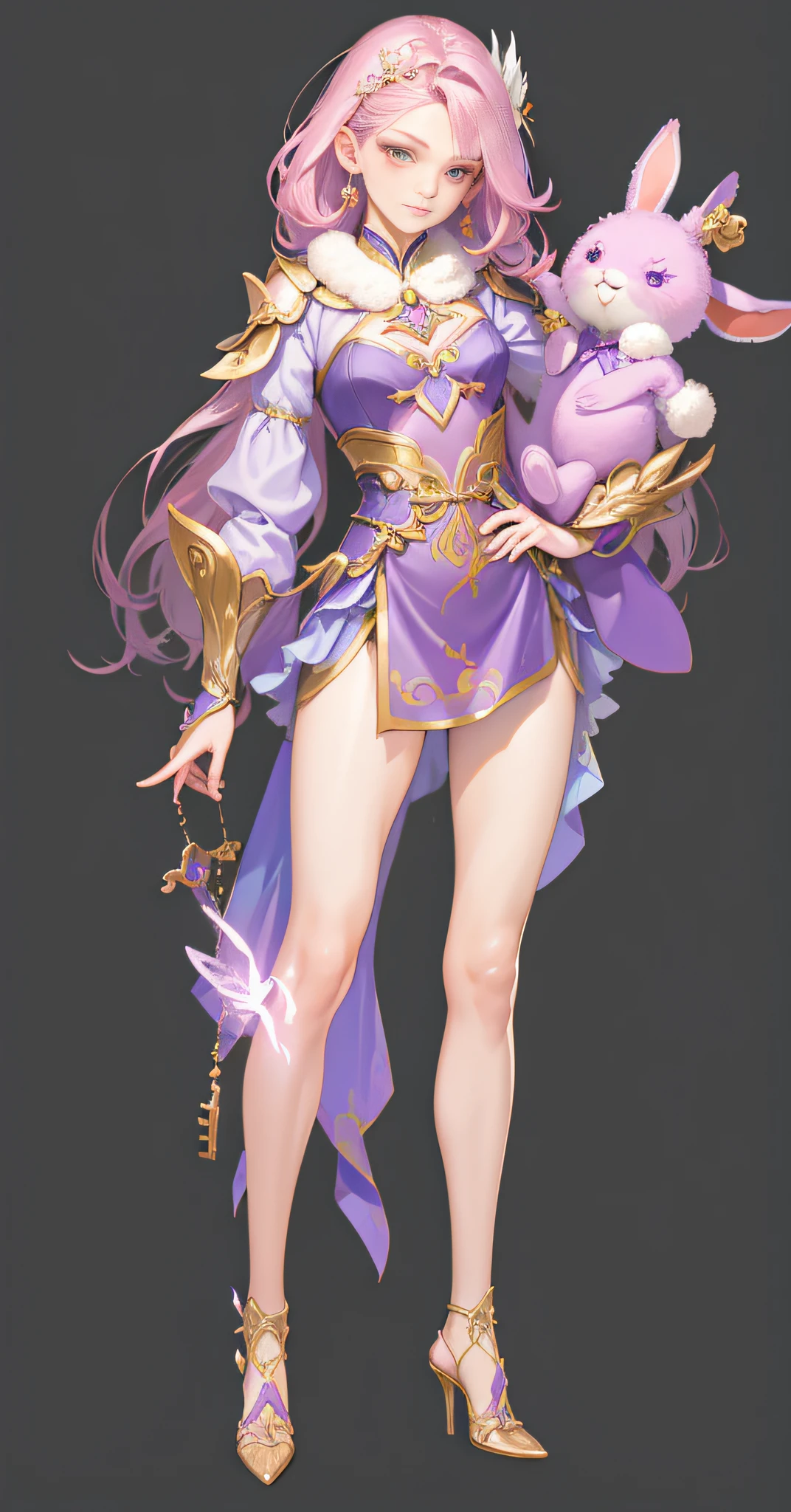 Close-up of a person wearing a purple dress and a pink bunny, full body xianxia, lunar themed attire, detailed full-body concept, high-heels，metals，hyper-detailed fantasy character, Fantasy costumes, Astral Witch Clothes, Kushatkrenz Key Art Women, Ryan Flash Concept Artist, full body detailing, Popular topics on cgstation, full body detailing, 8K high quality detail art