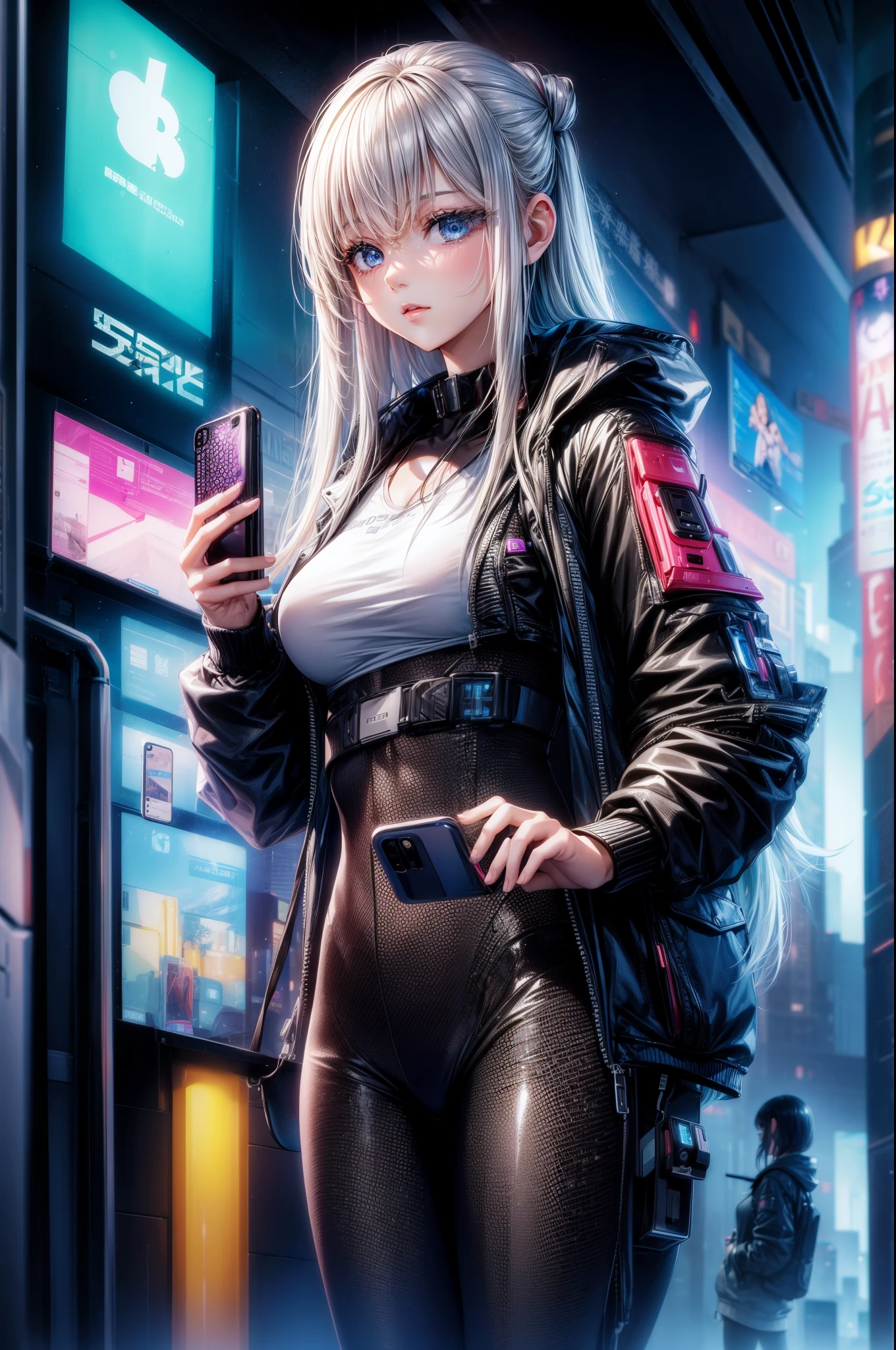 ((Beautiful girl holding mobile phone in hand)) 4K 8K:: actual::4 Cyberpunk::1 --v 4 --Quality 2