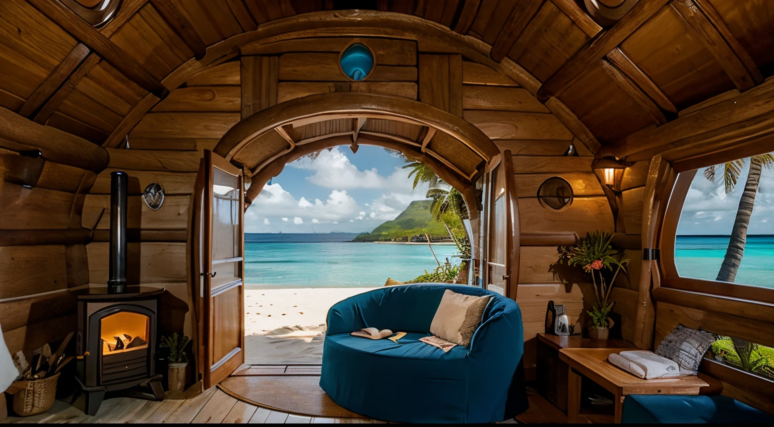 a tiny cozy hobbit house hut in french polynesia beach with side palm trees, rounded hobbit front door, theres a tiny fireplace inside the hut, in a cloudy day, the sea is back