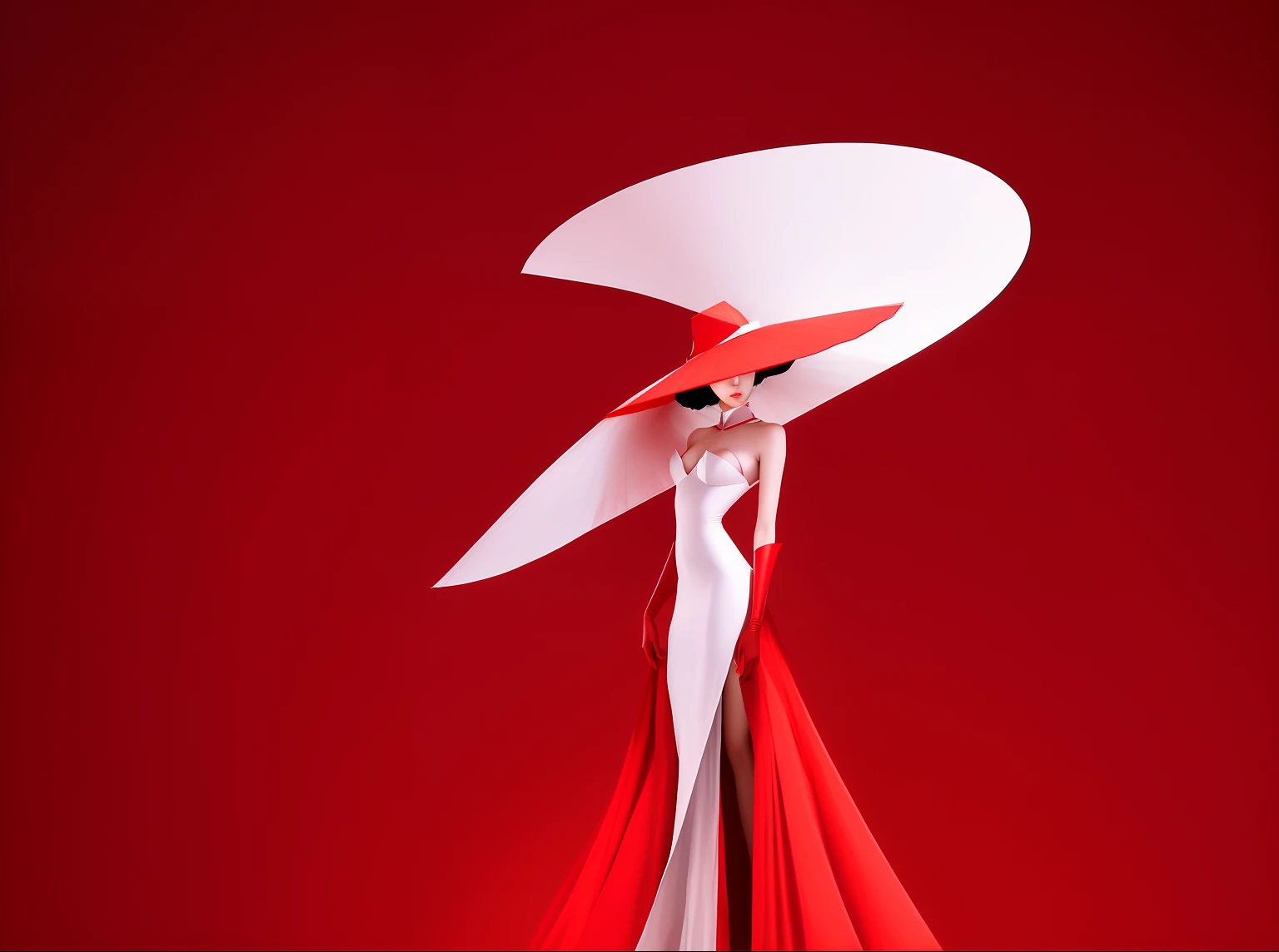 Wearing a red dress、With a hat on、Araf woman wearing big white fan, inspired by Ray Caesar, Avant-garde fashion model, Asian woman made from origami, red clothes and hat, author：Marie Bashkirtsev, Red dress and magic witch hat, by Alexei Merinov, Rei Kawakubo&#39;s artwork, Thierry Muller