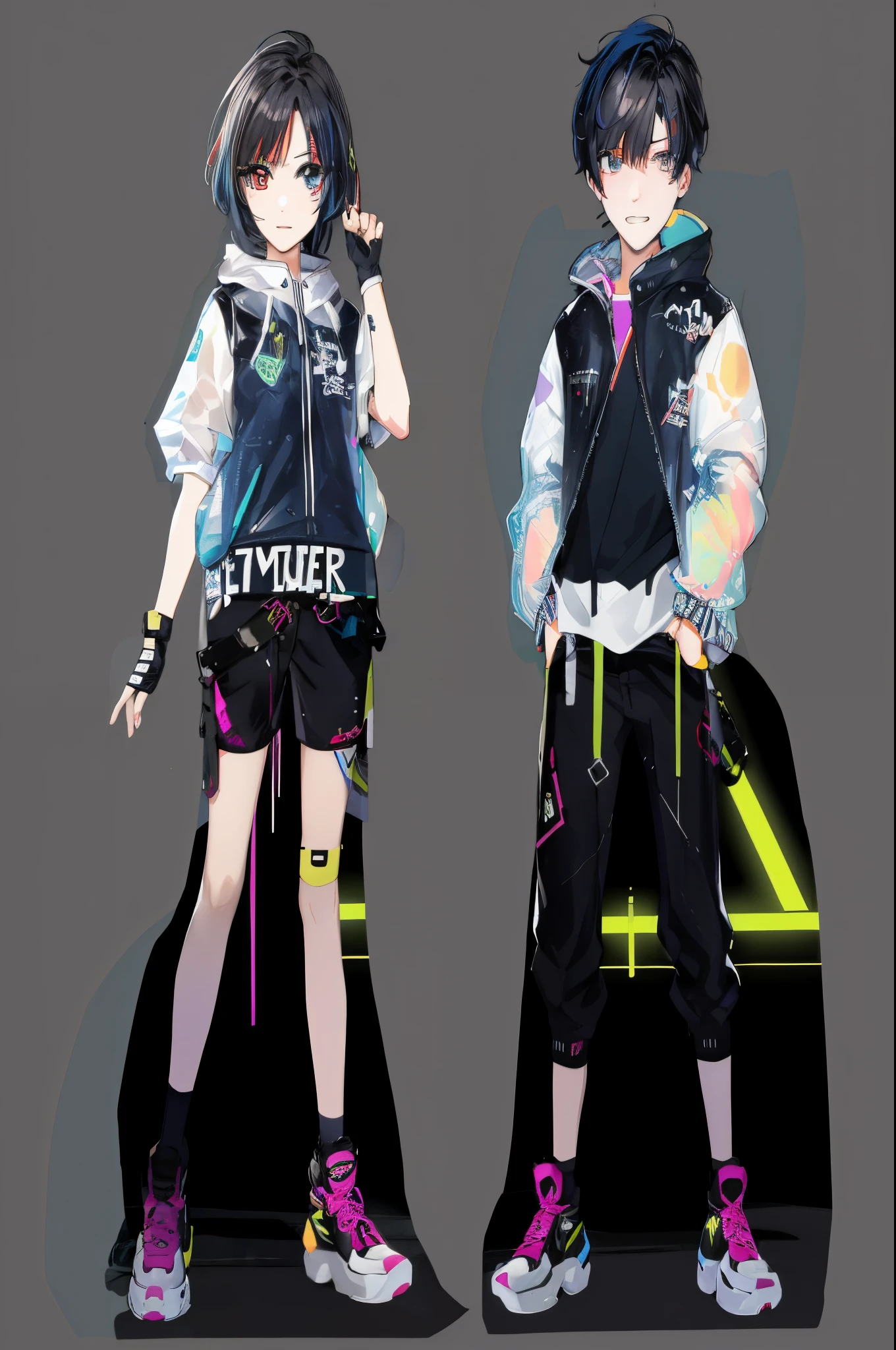 Anime style image of woman wearing black and white clothes, style anime, modern anime style, anime vtuber full body model, Anime style 3D, live2d virtual YouTuber model, Cyberpunk costumes, very modern anime style, High quality anime art style, style of anime. 8K, digital cyberpunk anime art, guweiz ,{{tmasterpiece}},Best quality,extremely detaild的 CG unified 8k wallpapers,电影灯光,lens flare glow,美丽细致的眼睛,Full body lesbian,The color is black,multicolour hair,Colored light particles, Heterochromia, (Colorful:1.5), (colorfulhair:1.5),