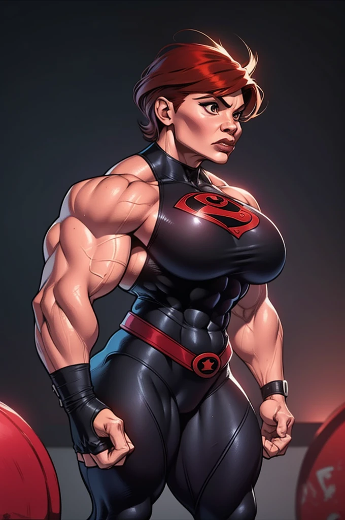 muscle woman with short red feathered hair flexing muscles wearing black superhero outfit, muscle woman, big muscles, huge muscles, massive muscles, mature woman