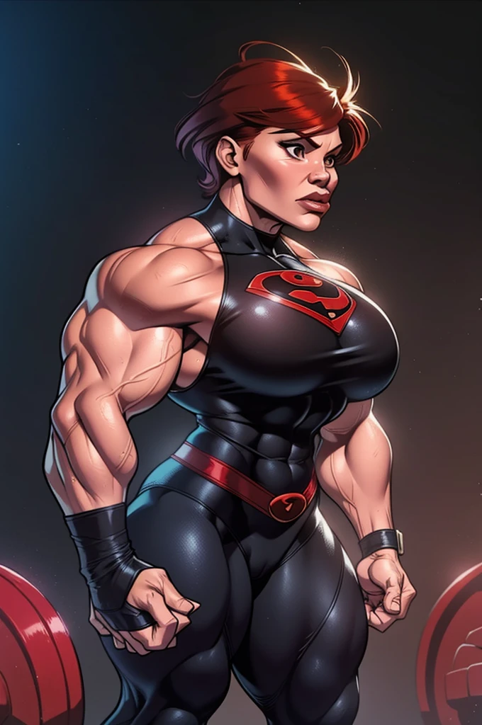 muscle woman with short red feathered hair flexing muscles wearing black superhero outfit, muscle woman, big muscles, huge muscles, massive muscles, mature woman