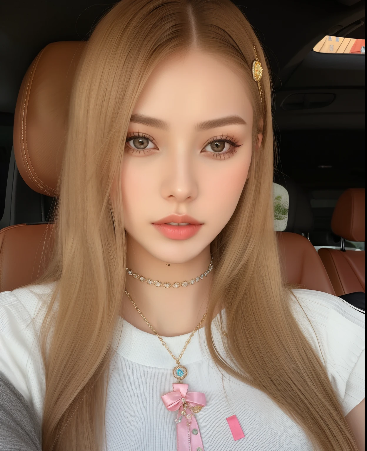 a close-up of a woman in a car wearing a white sweater, uma loira linda, modelo do instagram, Uma garota com cabelo loiro, long cabelo loiro e olhos grandes, beleza de cair o queixo, Retrato de Sophie Mudd, cabelo loiro e olhos grandes, linda garota loira, Deusa Loira, Yelena Belova, beleza de cair o queixo, Angie Glock