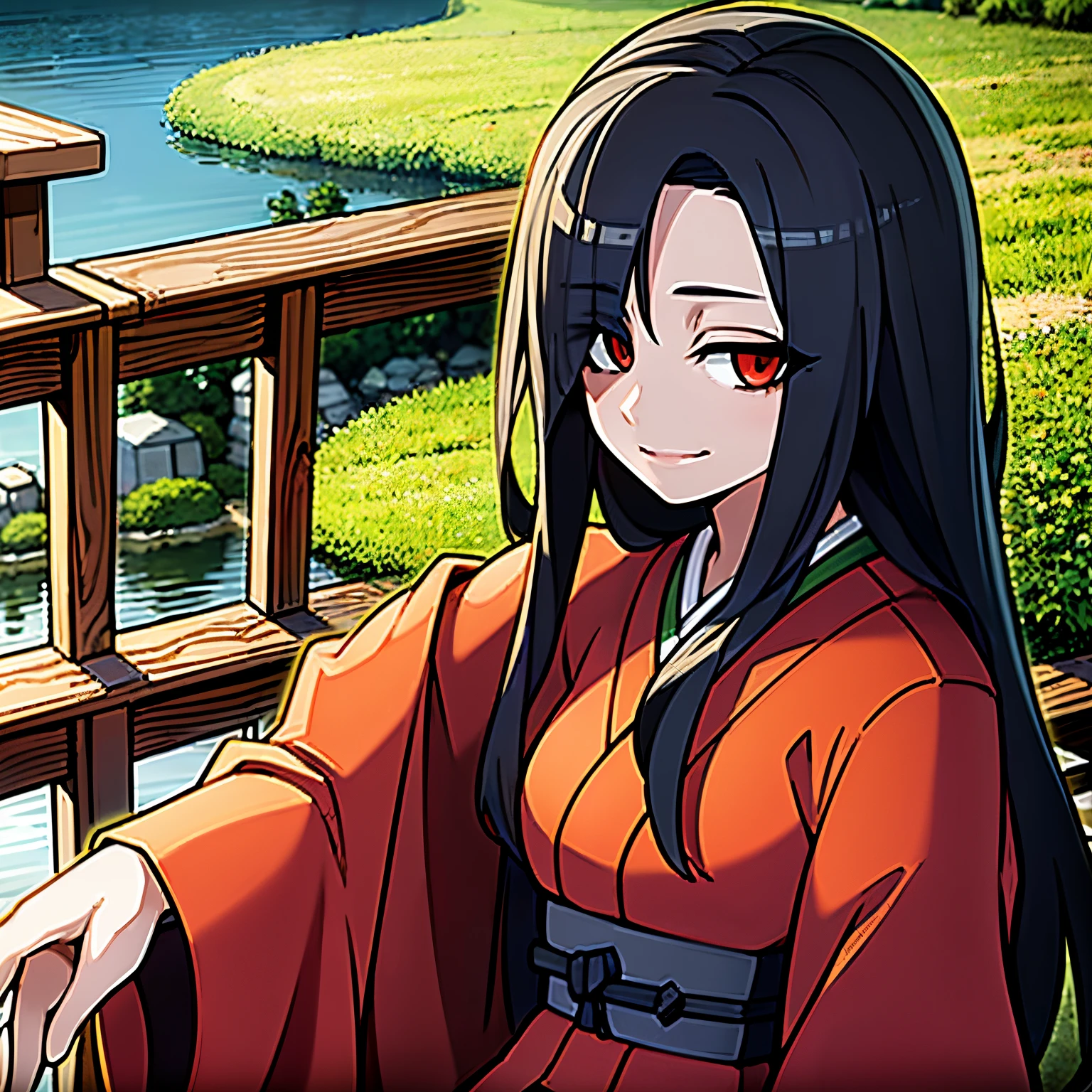 best quality,4k,masterpiece:1.2),ultra-detailed,(realistic,photorealistic,photo-realistic:1.37),1young woman,smiling,black hair,red kimono,gazing at viewer,japan,kimono,grass,lake in the background,portraits,vivid colors,natural lighting