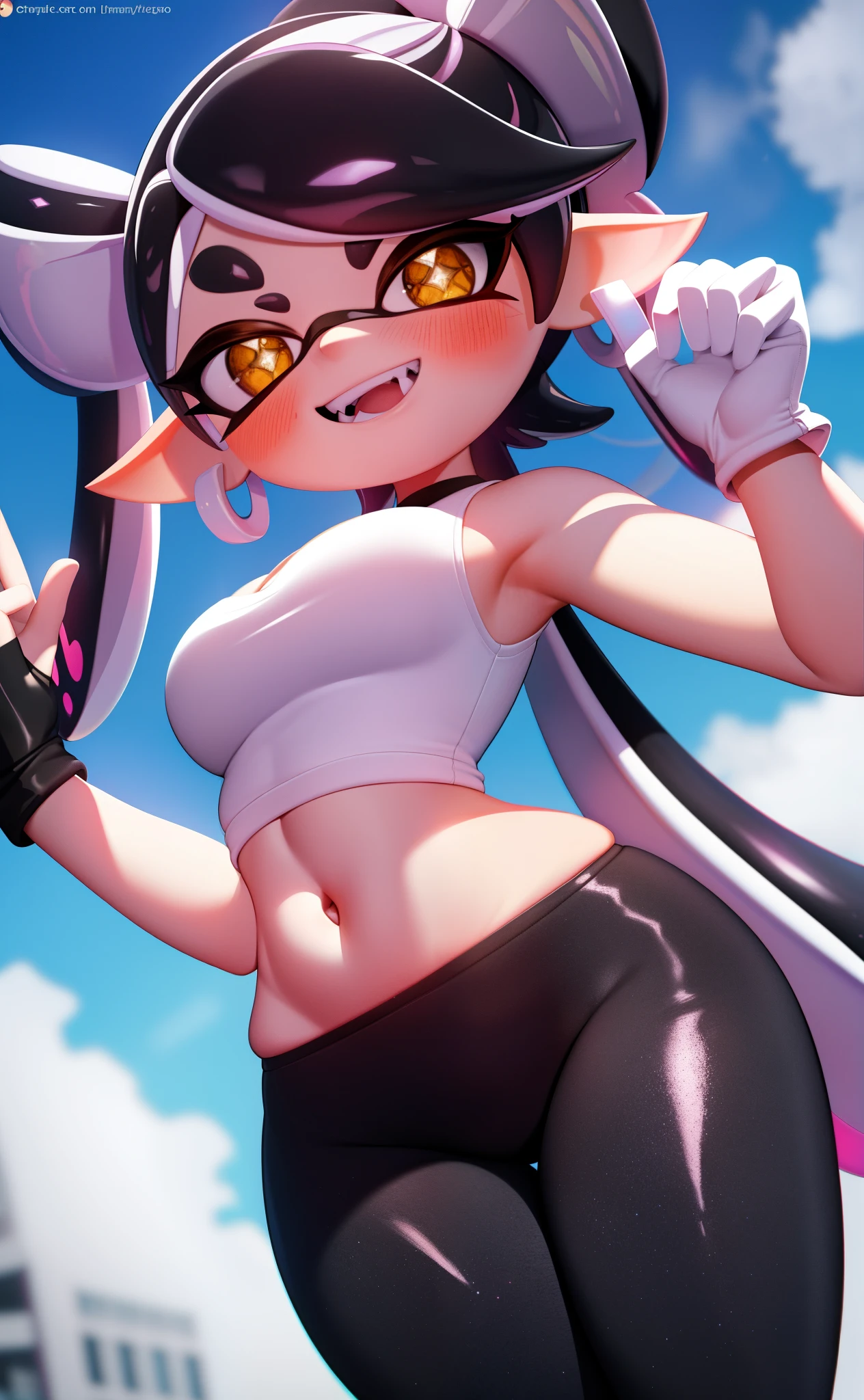 [callie], [splatoon], ((masterpiece)), ((HD)), ((beautiful render art)), ((solo portrait)), ((waist up)), ((front view)), ((cinematic lighting)), ((anime)), ((detailed shading)), ((intricate details)), {(slim figure), (cute orange eyes), long eyelashes, (pink-black tentacle hair), (twintails), (small boobs), (gorgeous wide hips), (thick thighs), (beautiful legs), (blushing), (excited smile)}, {(black sleeveless tank top), (cleavage), (navel), (black yoga pants), (pink pantyhose), (white gloves)}, {(standing), (looking at viewer)}, [Background; (city), (town square), (blue sky), (sun rays), (ambient lighting)]