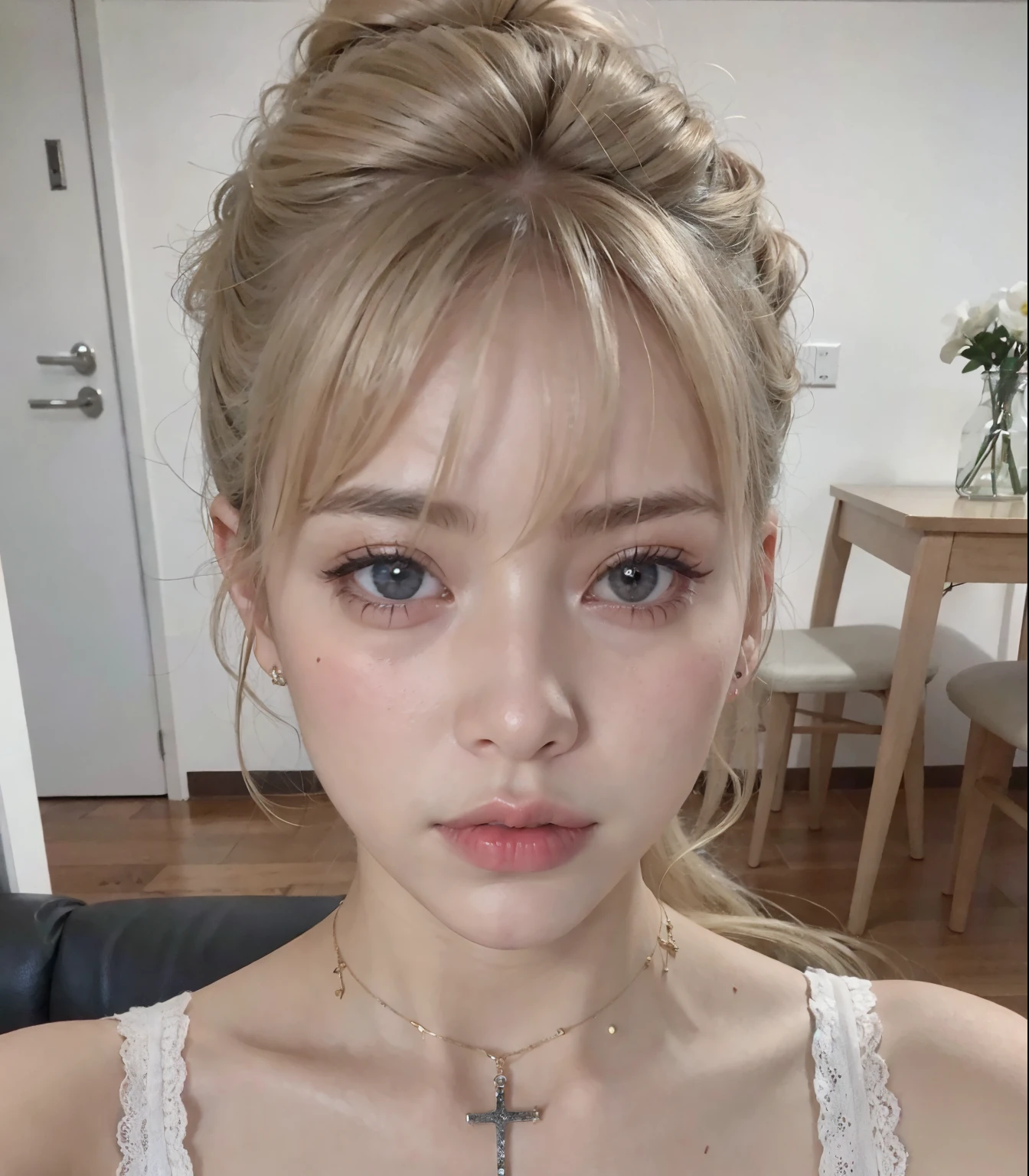 Blonde woman with a messy bun wearing a white top and a cross necklace., cabello rubio y ojos grandes, 19 year old girl, Lalisa Manobal, Cara perfecta ), her face looks like an orchid, joven hermosa amouranth, sin maquillaje, Cabello largo y rubio y ojos grandes, 🤤 girl portrait, cara extremadamente hermosa, 18 years old