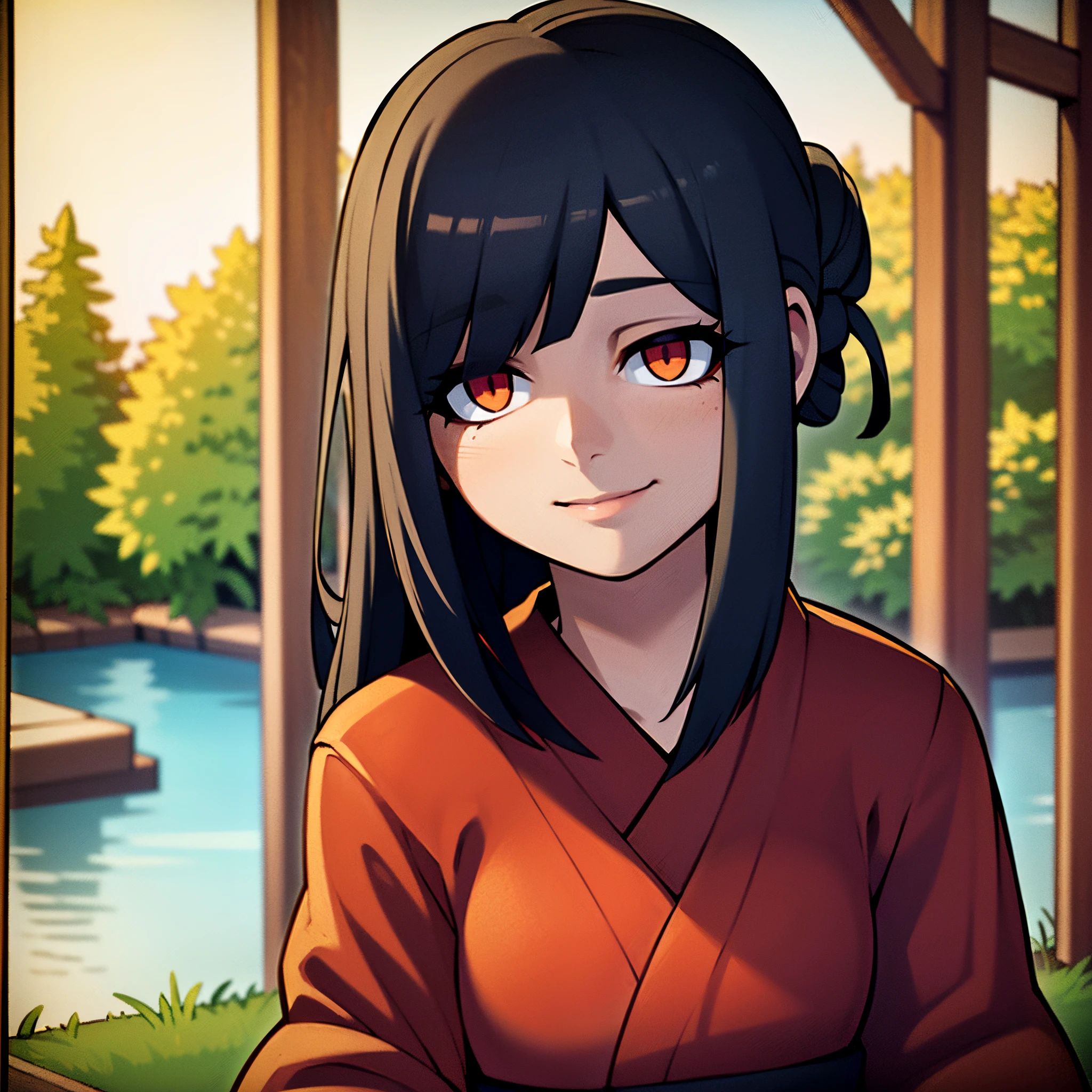 (best quality,4k,masterpiece:1.2),ultra-detailed,(realistic,photorealistic,photo-realistic:1.37),1young woman,smiling,black hair,red kimono,gazing at viewer,japan,kimono,grass,lake in the background,portraits,vivid colors,natural lighting