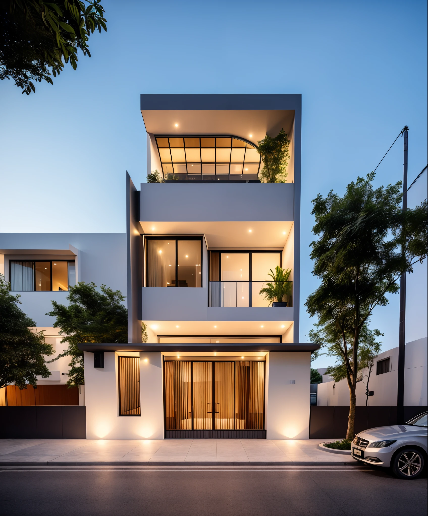 Perspective of a modern house with a large enough front yard, main materials are light yellow walls, stone and wood, a road running in front of the house, (RAW photo, real, best quality, masterpiece: 1.2), current view modern minimalist, 1 street in front of house, shime ring light, indoor brightness:1.2, dynamic lighting:1.3, (hyper-realistic, photo-realistic:1.2), high quality, daylight, contrast high:0.5 perfect light, Archdaily, contemporary masterpiece award, award winning contemporary, beautifully designed masterpiece, spacious modern mansion, modern neo-traditional, wide angle exterior 2022 , mid-century modern, contemporary home, stylish modern feel, long front view, award-winning modern design, stunning lines, residential, exquisite details, indoors gently:1.3