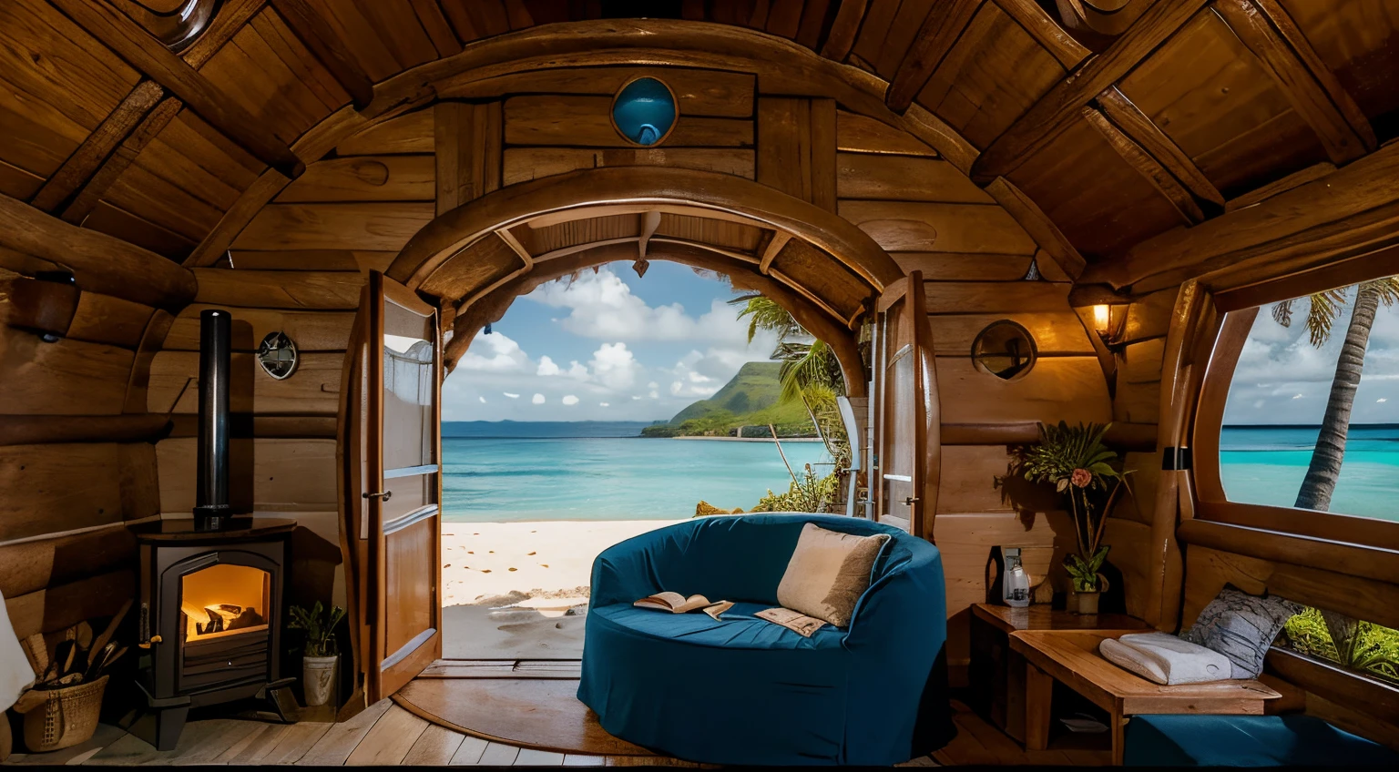 a tiny cozy hobbit house hut in french polynesia beach with side palm trees, rounded hobbit front door, theres a tiny fireplace inside the hut, in a cloudy day, the sea is back. REFINE IT, DO IT BETTER