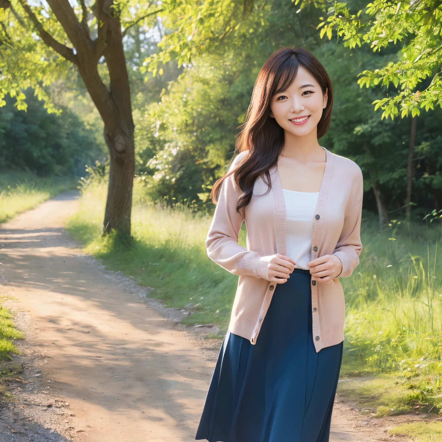 ((top-quality、masutepiece、8K、Top image quality、Hyper-Realism、SFW、1 photo))、1 female、the biggest smile when you look at me、Photo from the waist up、perfect anatomia、Walk on a path surrounded by nature、cardigan、skirt by the、Bright lighting、a high chroma