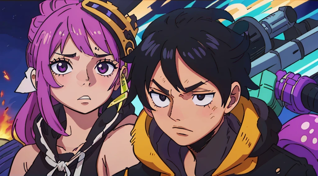 Vtuber hombre sorprendido, hoodie negro, cabello negro con brillo morado, ojos con brillo de estrella, manos abiertas, fondo verde, efectos de manga, onomatopellas manga de explosion, cyberpunk background, gun, brillo morado de cabello,