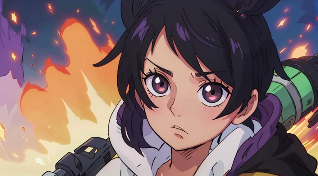 Vtuber hombre sorprendido, hoodie negro, cabello negro con brillo morado, ojos con brillo de estrella, manos abiertas, fondo verde, efectos de manga, onomatopellas manga de explosion, cyberpunk background, gun, brillo morado de cabello,