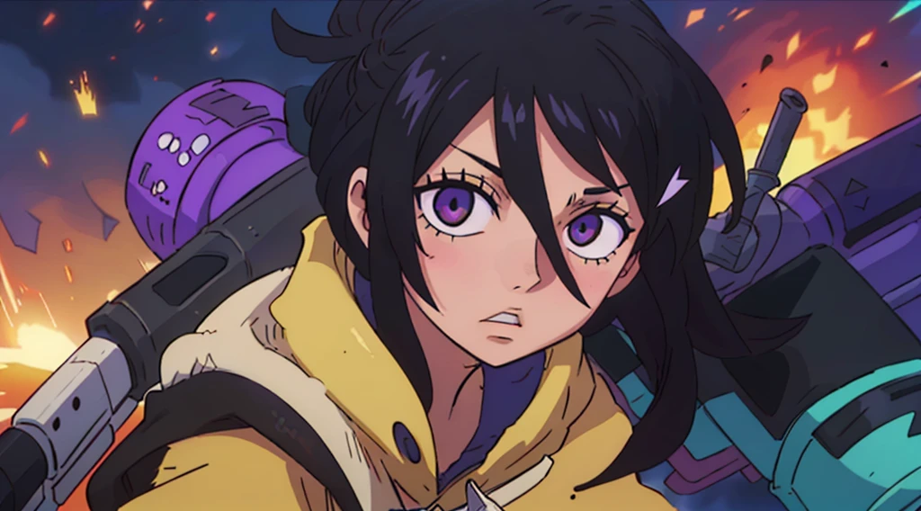 Vtuber hombre sorprendido, hoodie negro, cabello negro con brillo morado, ojos con brillo de estrella, manos abiertas, fondo verde, efectos de manga, onomatopellas manga de explosion, cyberpunk background, gun, brillo morado de cabello,