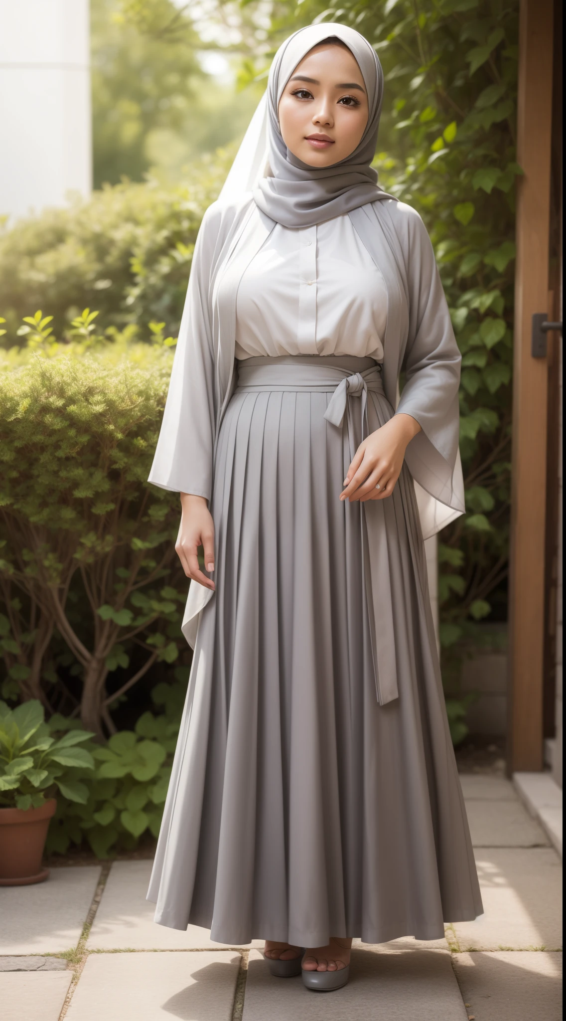 RAW, Best quality, high resolution, masterpiece: 1.3), beautiful Malay woman in hijab (iu:0.8),Best quality, high resolution, masterpiece: 1.3), beautiful Malay woman in hijab,( big breasts),woman in white shirt and gray skirt, long skirt, white shirt and gray skirt, pleated skirt, white and gray plizket, transparent gray skirt, wearing a fluent long skirt, full body image, gray skirt gray, wearing long flowing cloth, layered clothes, wearing floral chiton, hakama kimono, greyish, background in the flower garden illuminated by the soft light of the morning sun. Bokeh