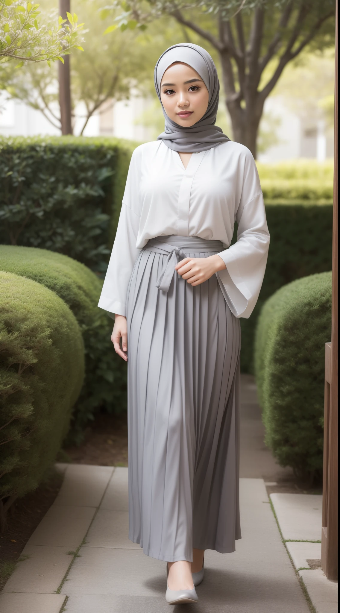 RAW, Best quality, high resolution, masterpiece: 1.3), beautiful Malay woman in hijab (iu:0.8),Best quality, high resolution, masterpiece: 1.3), beautiful Malay woman in hijab,( big breasts),woman in white shirt and gray skirt, long skirt, white shirt and gray skirt, pleated skirt, white and gray plizket, transparent gray skirt, wearing a fluent long skirt, full body image, gray skirt gray, wearing long flowing cloth, layered clothes, wearing floral chiton, hakama kimono, greyish, background in the flower garden illuminated by the soft light of the morning sun. Bokeh