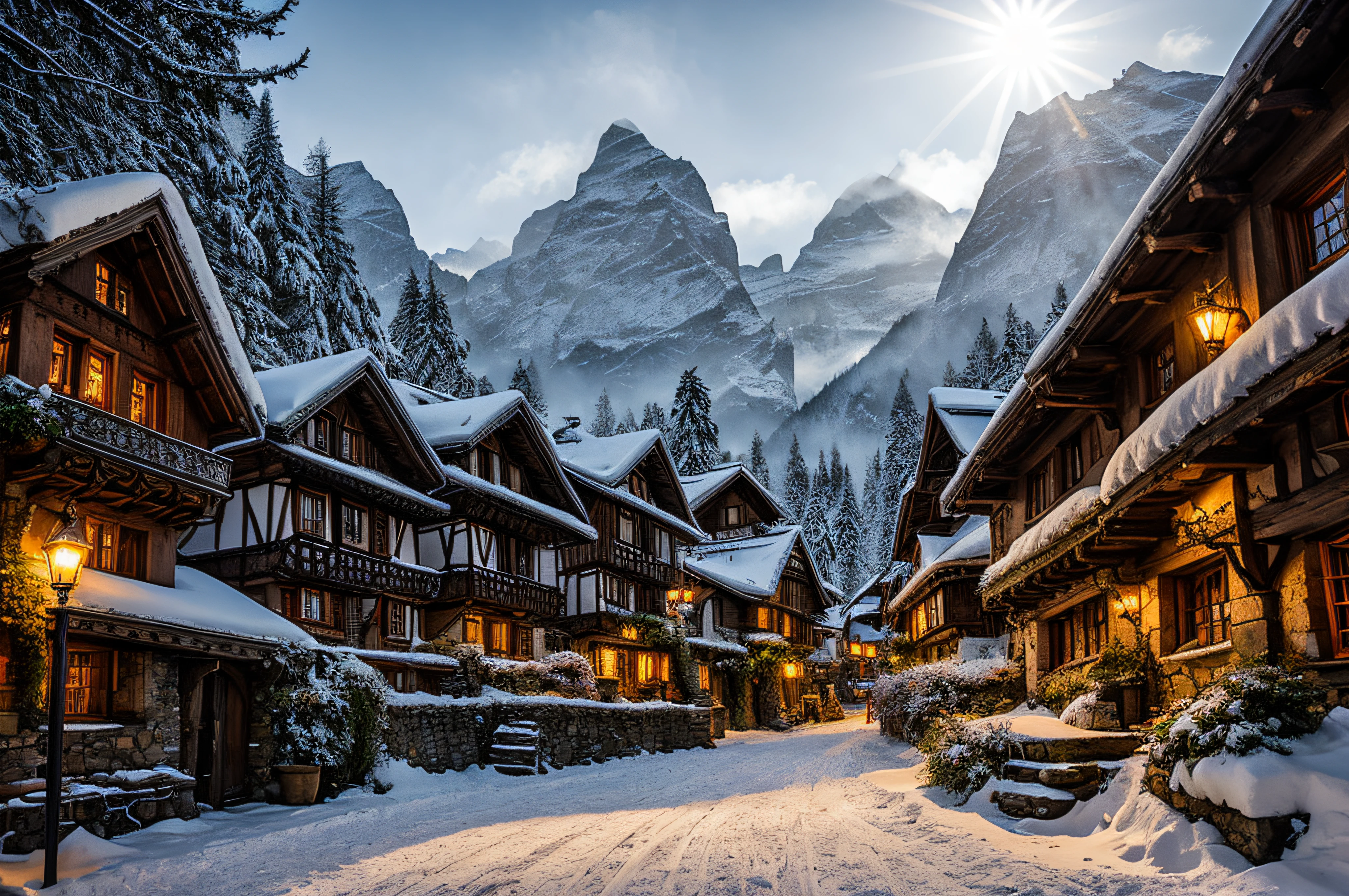 the hobbit, tolkien, a medieval village in switzerland, ornate, beautiful, atmosphere, vibe, snow, concept art illustration, greg rutowski, volumetric lighting, sunbeams, particles