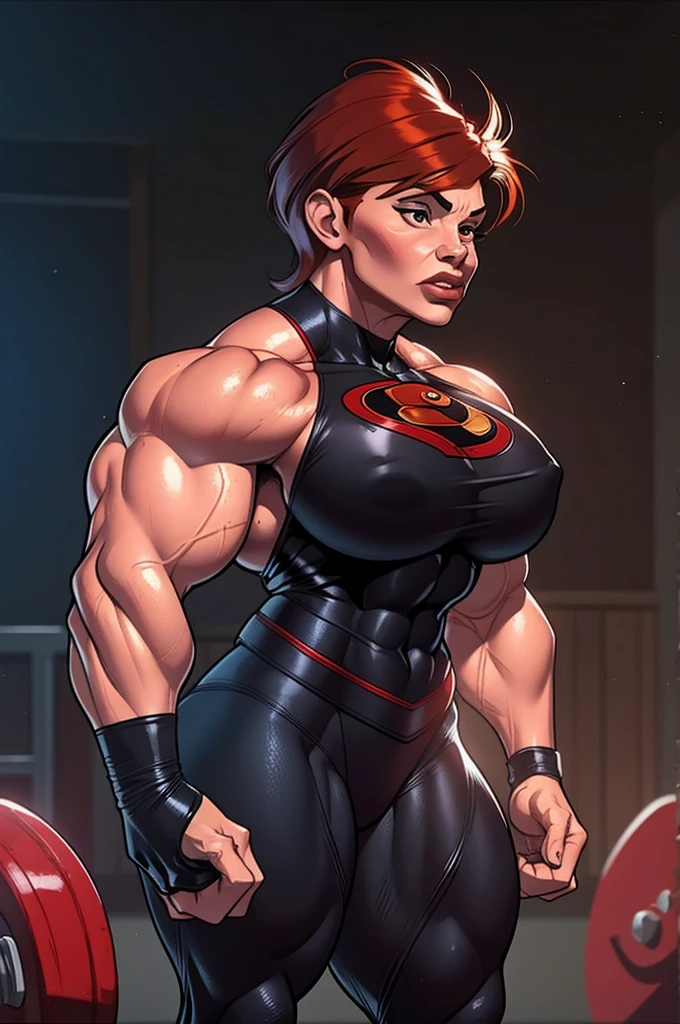 muscle woman with short red feathered hair flexing muscles wearing black superhero outfit, muscle woman, big muscles, huge muscles, massive muscles, mature woman