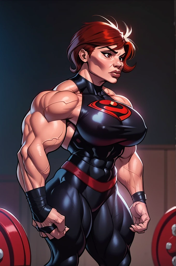 muscle woman with short red feathered hair flexing muscles wearing black superhero outfit, muscle woman, big muscles, huge muscles, massive muscles, mature woman